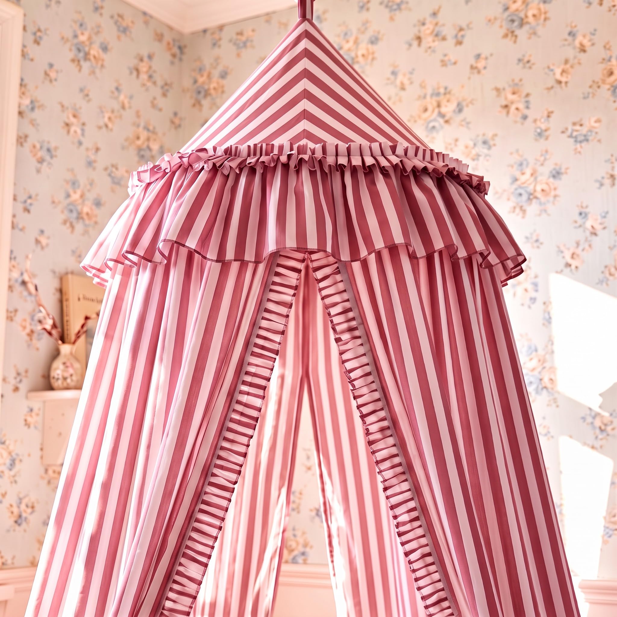 SmoothNovelty Red Striped Bed Canopy with Ruffles