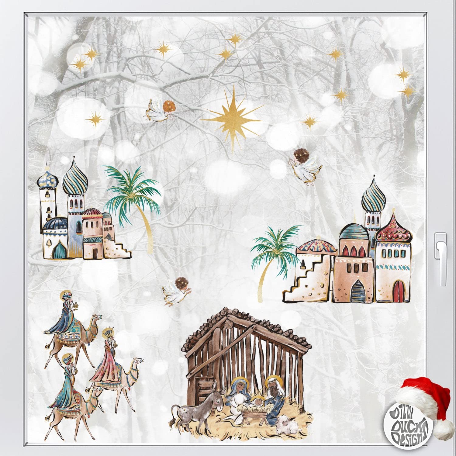 Dizzy Duck Designs Dizzy Duck 12Pcs Nativity Scene Window Decal Set - Classy Christmas Window Cling Sticker - Reusable Seasonal Window Decoration