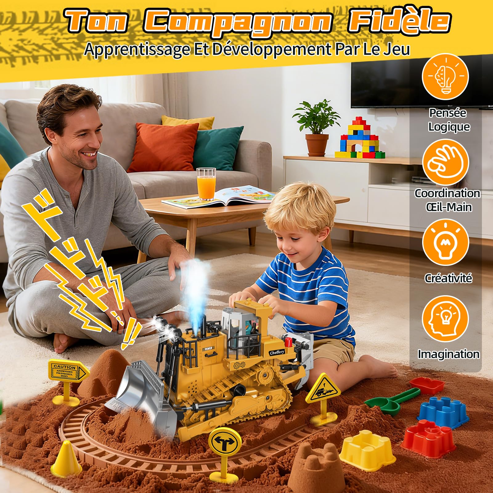 Bulldozer Télécommandé, 1:20 RC Bulldozer à 11 canaux, Jouet de Construction RC avec Lumières et Sonores, 2.4GHz Cadeau de Jouet Bulldozers pour Les Enfants Garçons Filles âgés de 4 à 12 Ans