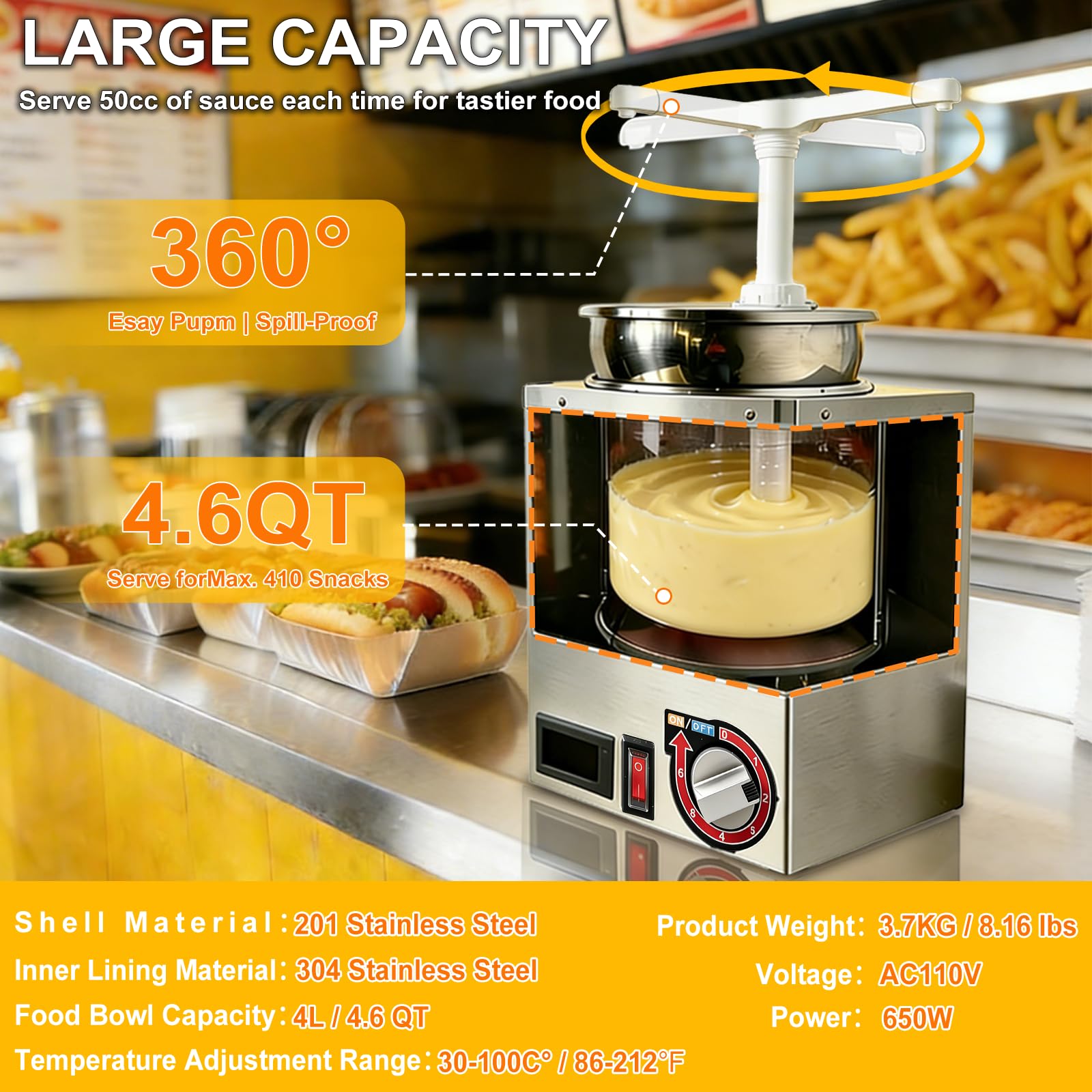 Dispensador de queso Nacho con bomba de 2 piezas, calentador de salsa de caramelo caliente de acero inoxidable de 4.6 cuartos de galón con control de temperatura de 6 niveles, máquina de queso