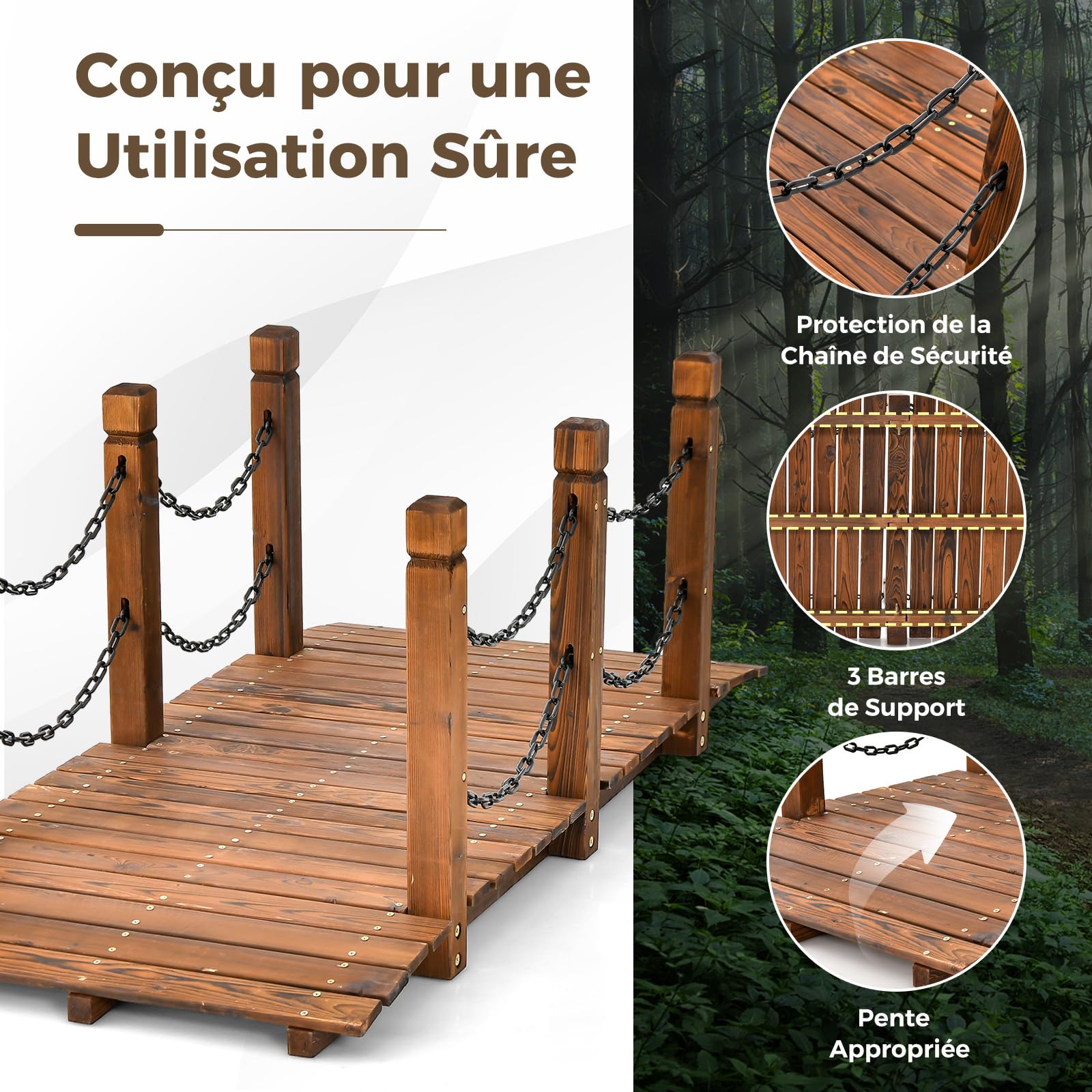 COSTWAY Pont de Jardin en Sapin Carbonisé avec Garde-Corps