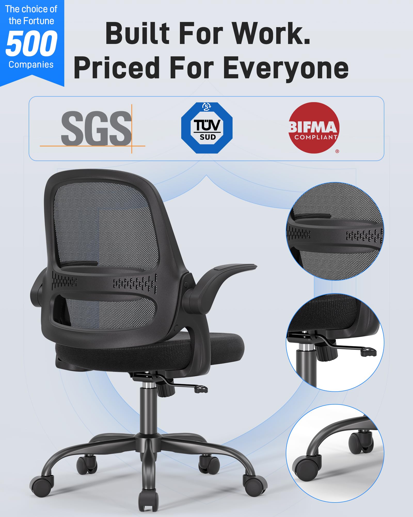 Ergonomic Mesh Office Chair for Home Office, Flip-Up Arms, Breathable Mesh Back & Thick Seat Cushion, Swivel Rolling Computer Desk Chair – BIFMA Certified, Supports 300 lbs (White Frame/Beige Seat)