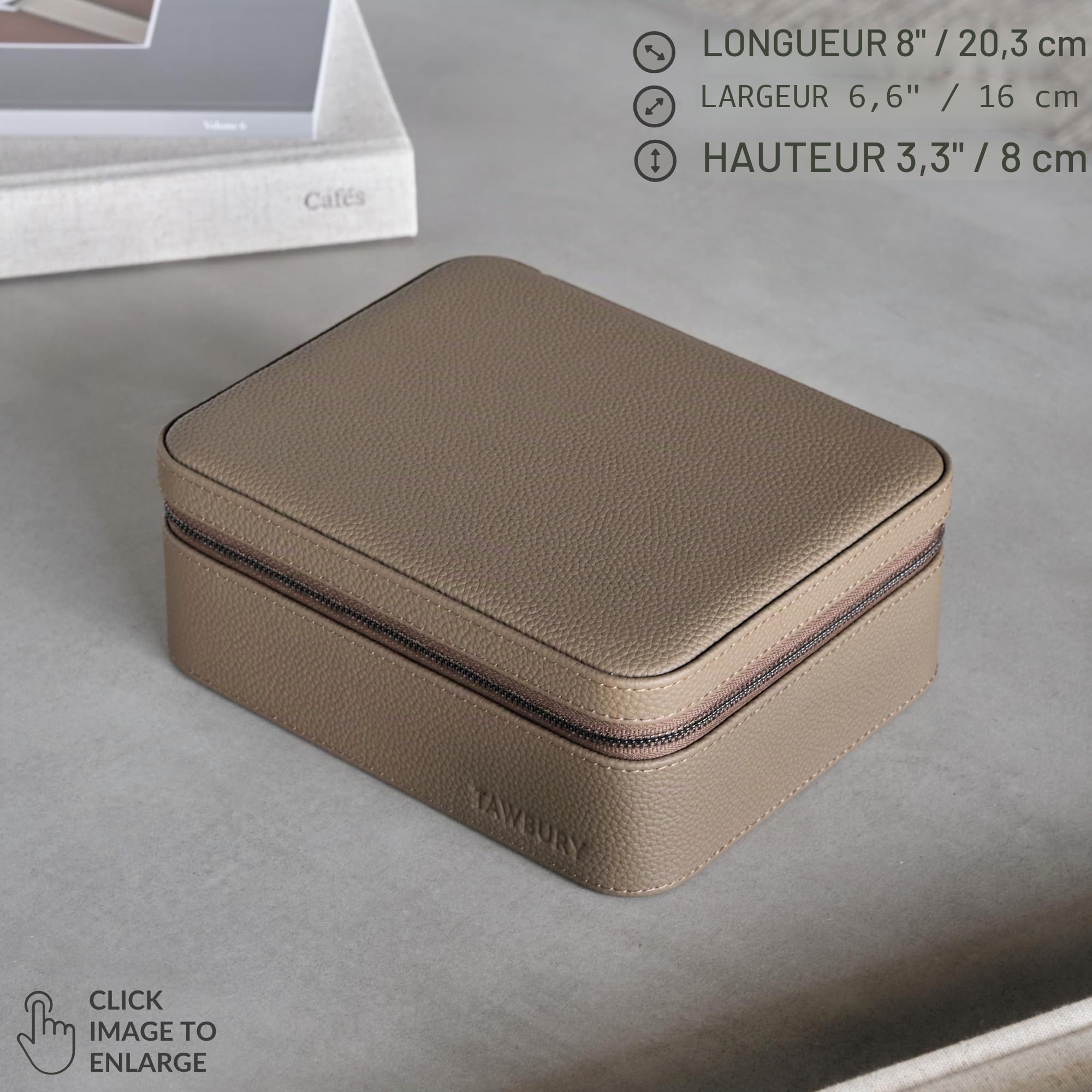 TAWBURY Boîte de rangement portable à 3 emplacements pour montres pour la maison et les voyages avec coussins extra larges pour grandes montres et compartiment pour rangement d'accessoires (taupe)