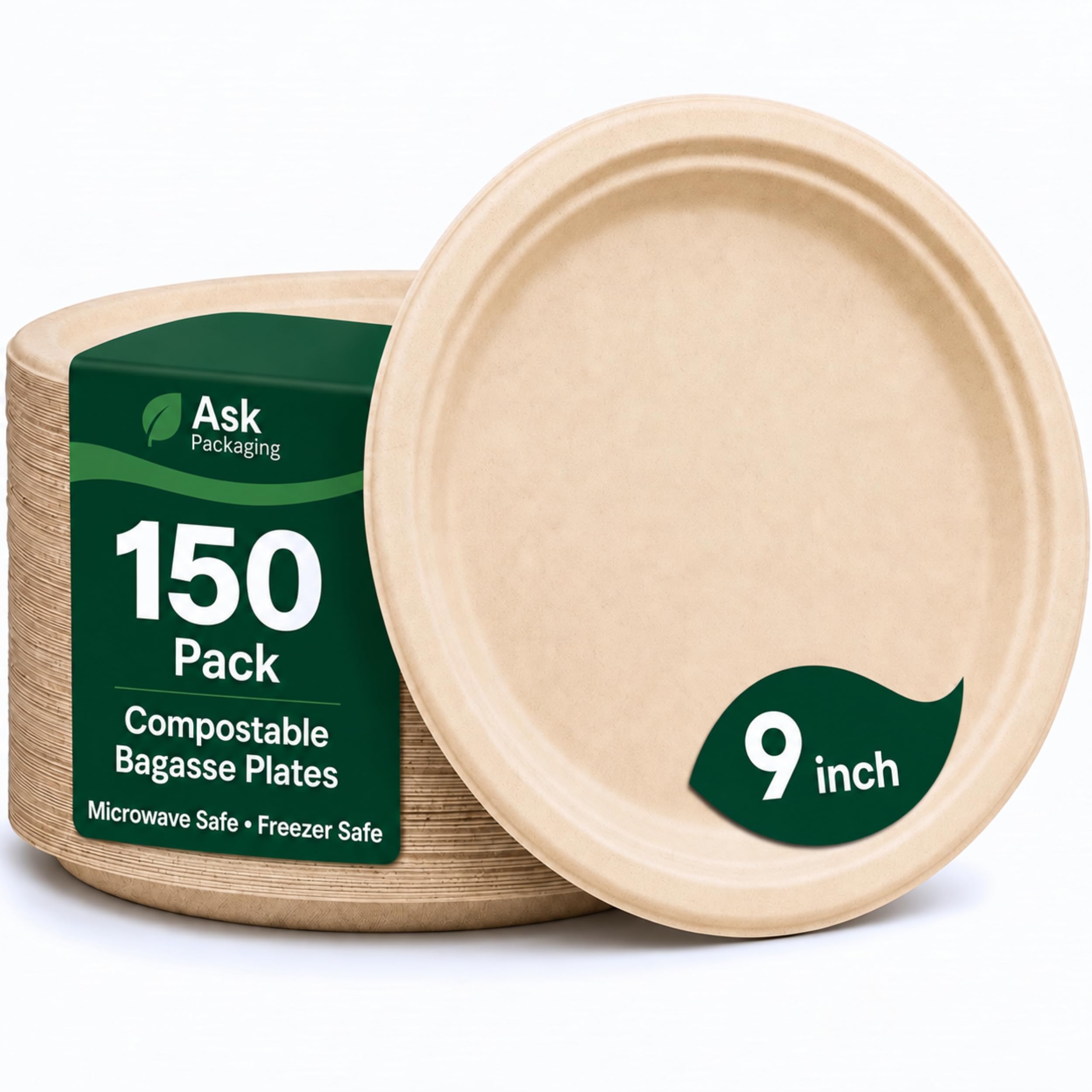 Strong Paper Plates 9 Inch 150 Pack, Heavy-Duty Disposable Bagasse Plates