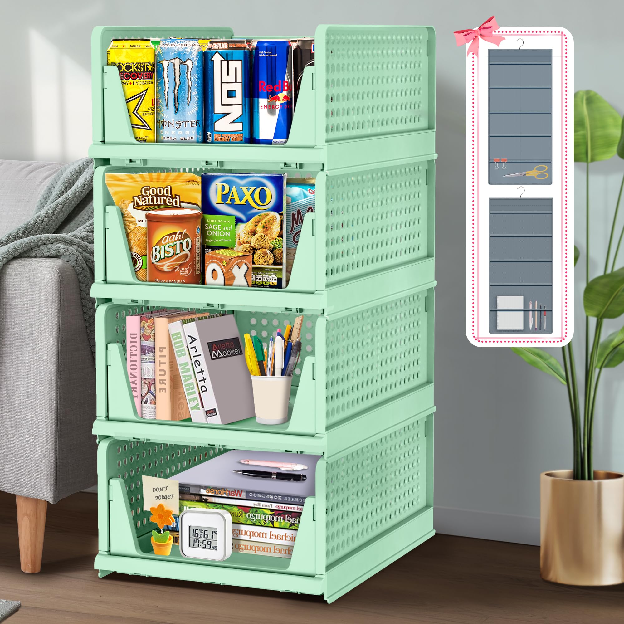 AOSION 4 Pack Stackable Plastic Storage Basket with Free Hanging Closet Organizer Foldable Clothes Storage Bin Drawer Shelf Container for Living Room Bathroom Kitchen (GREEN)