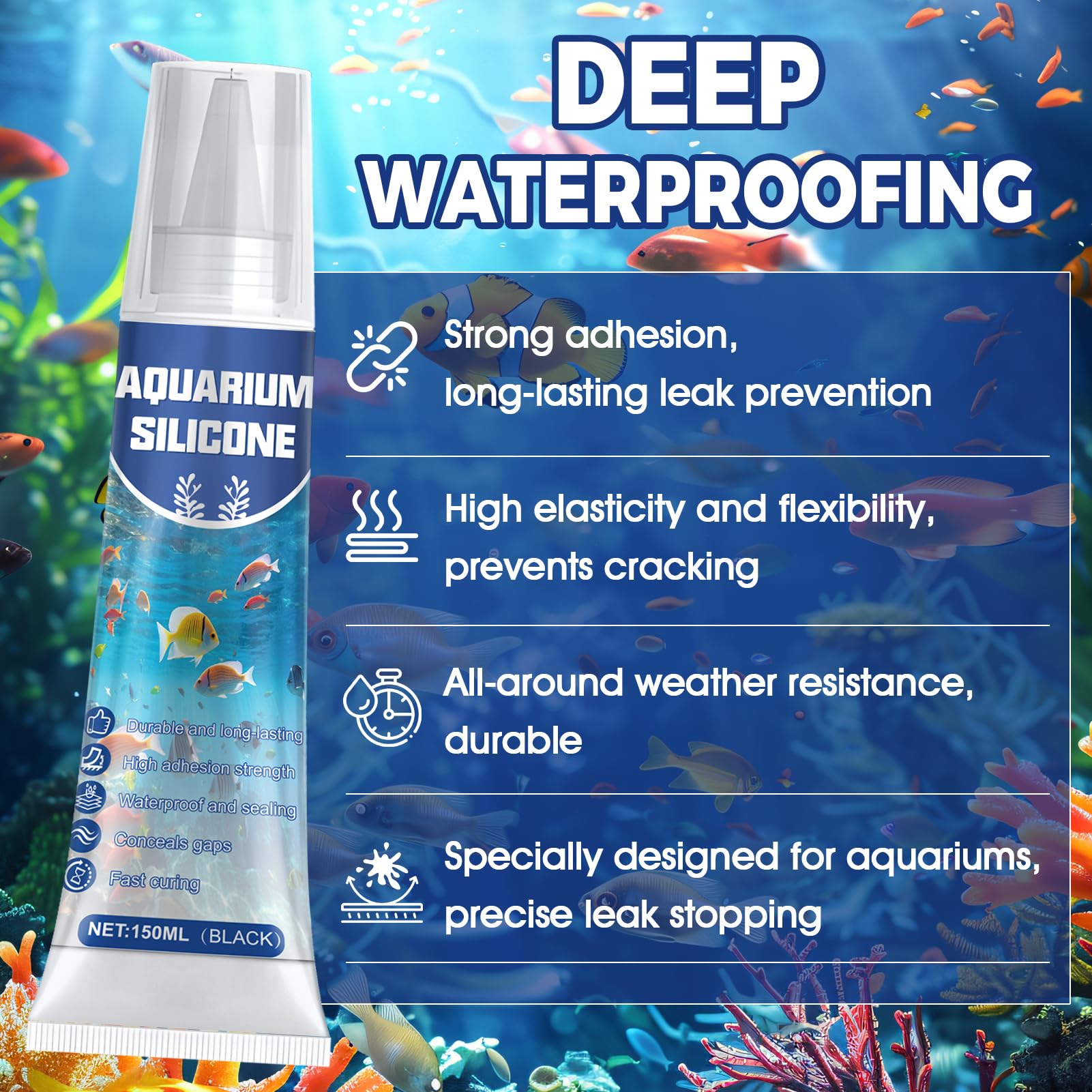ALLONY Silicone per Acquario, 150ML Silicone per Acquario Nero, Silicones Nero, Acquario Sott'acqua Colla, Impermeabile, Colla per Acquario, Terrario, Acquari, Vetrine, Vetro