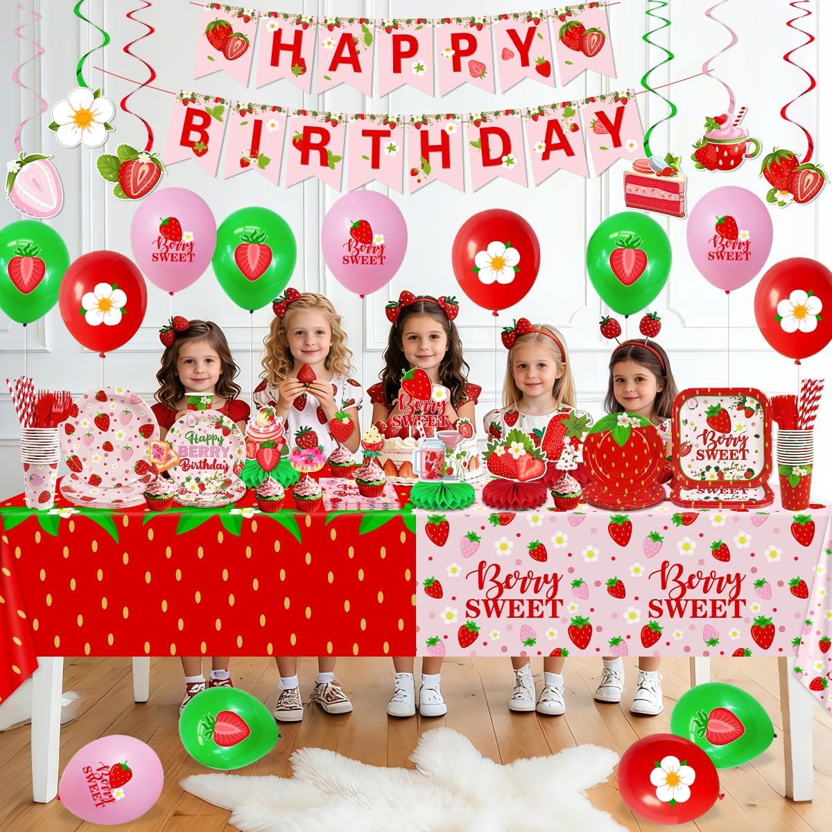 Strawberry Birthday Decorations, 220Pcs Pink Berry Plates and Napkins Happy Birthday Banner Berry Sweet Tablecloth Honeycomb Cake Topper Hanging Swirls for Strawberry Party Decor, Serve 26