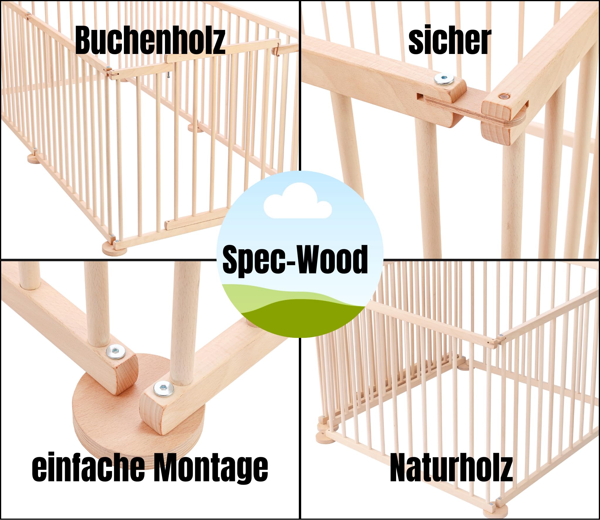 Spec-wood Parc pour bébé pliable avec porte XXL 92 x 74 cm en bois de hêtre – Parc bébé en bois avec sécurité – Barrière sécurisée pour enfants à 6 angles – Grille malléable