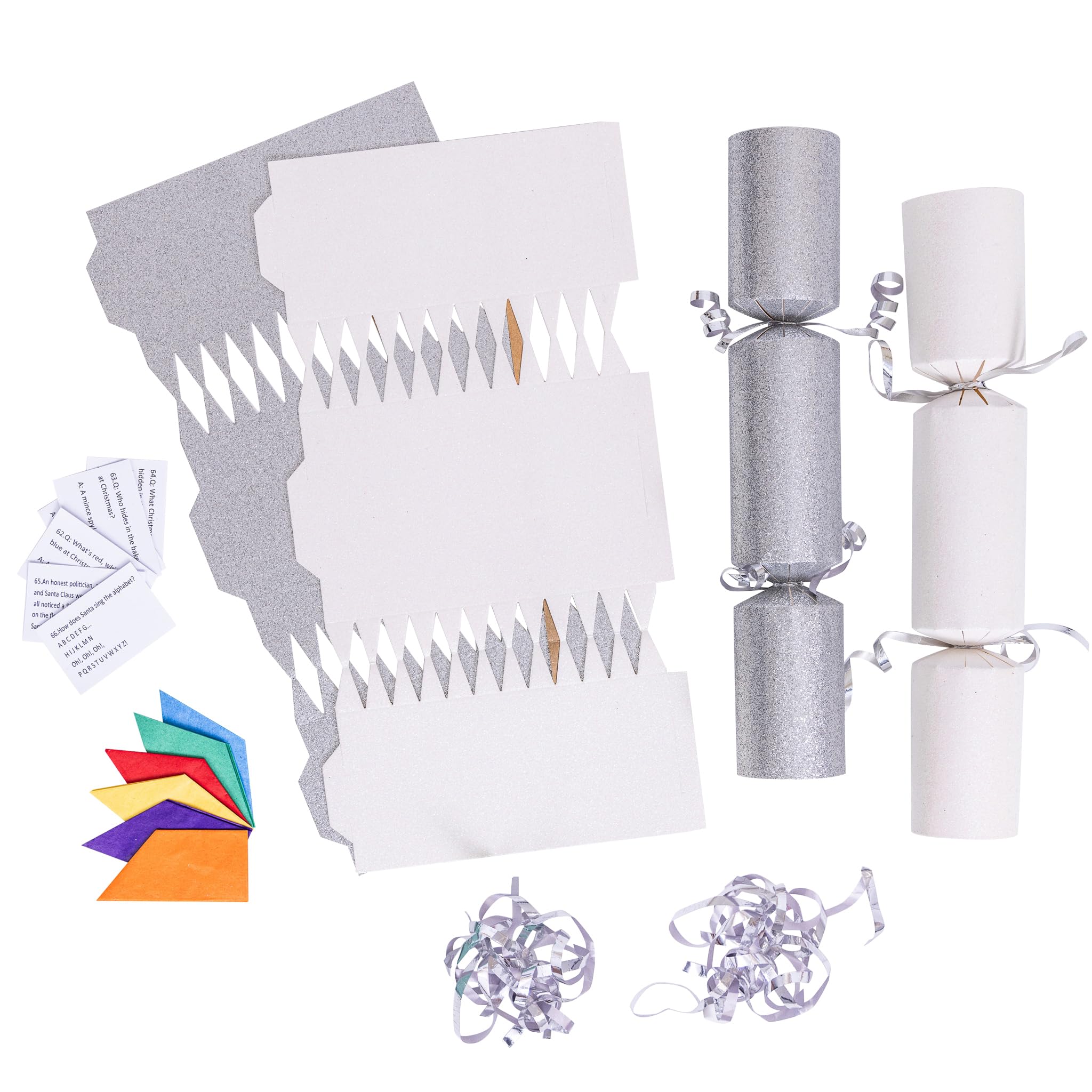 evelay 12 Make Your Own Christmas Cracker Kit DIY White & Silver Glitter Crackers Hats Snaps Jokes (White, Silver)