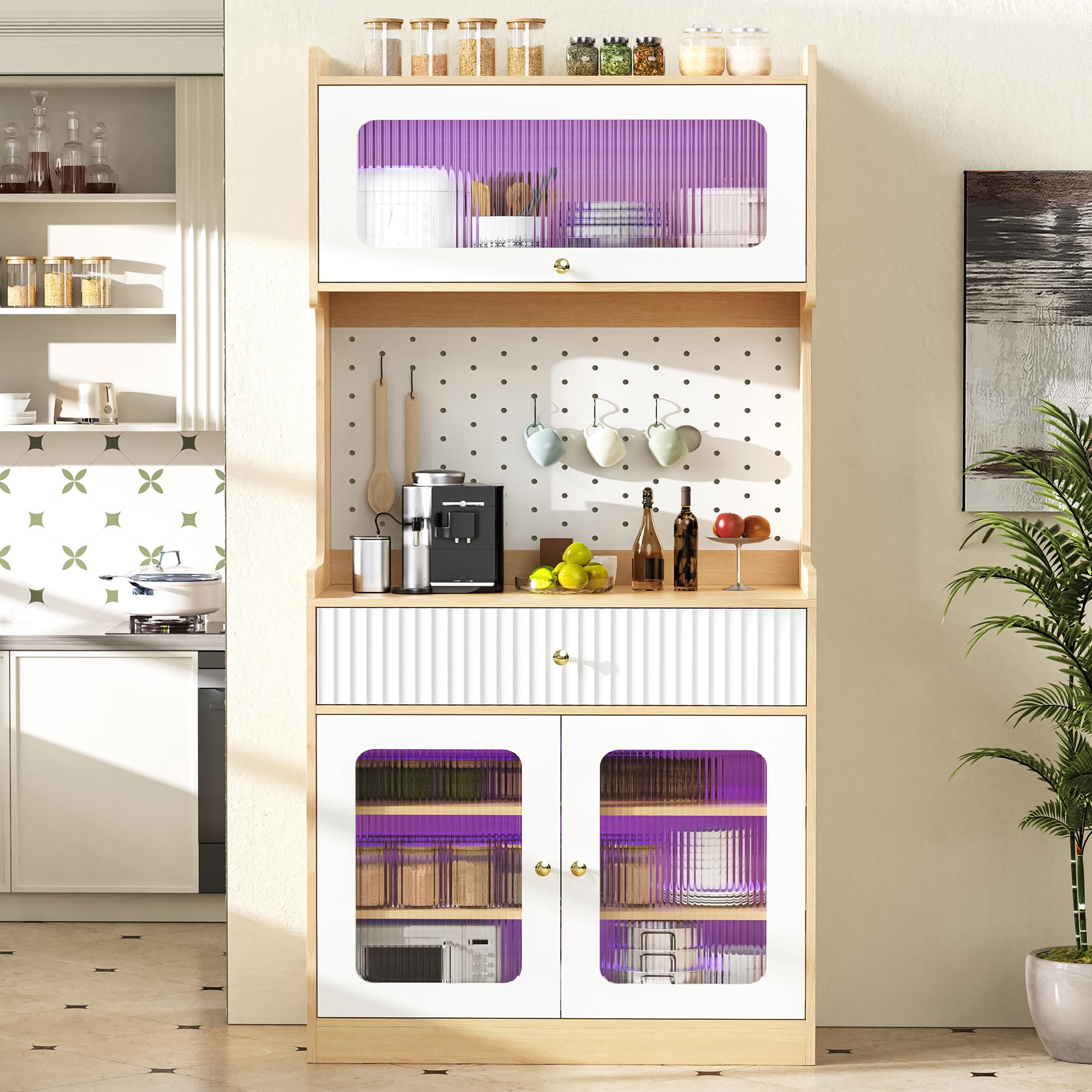 Mobile con ripiani regolabili e cassetti, 80 × 40 × 180 cm, naturale+bianco, armadio da cucina con vetro scanalato, ideale per sala da pranzo, soggiorno e cucina