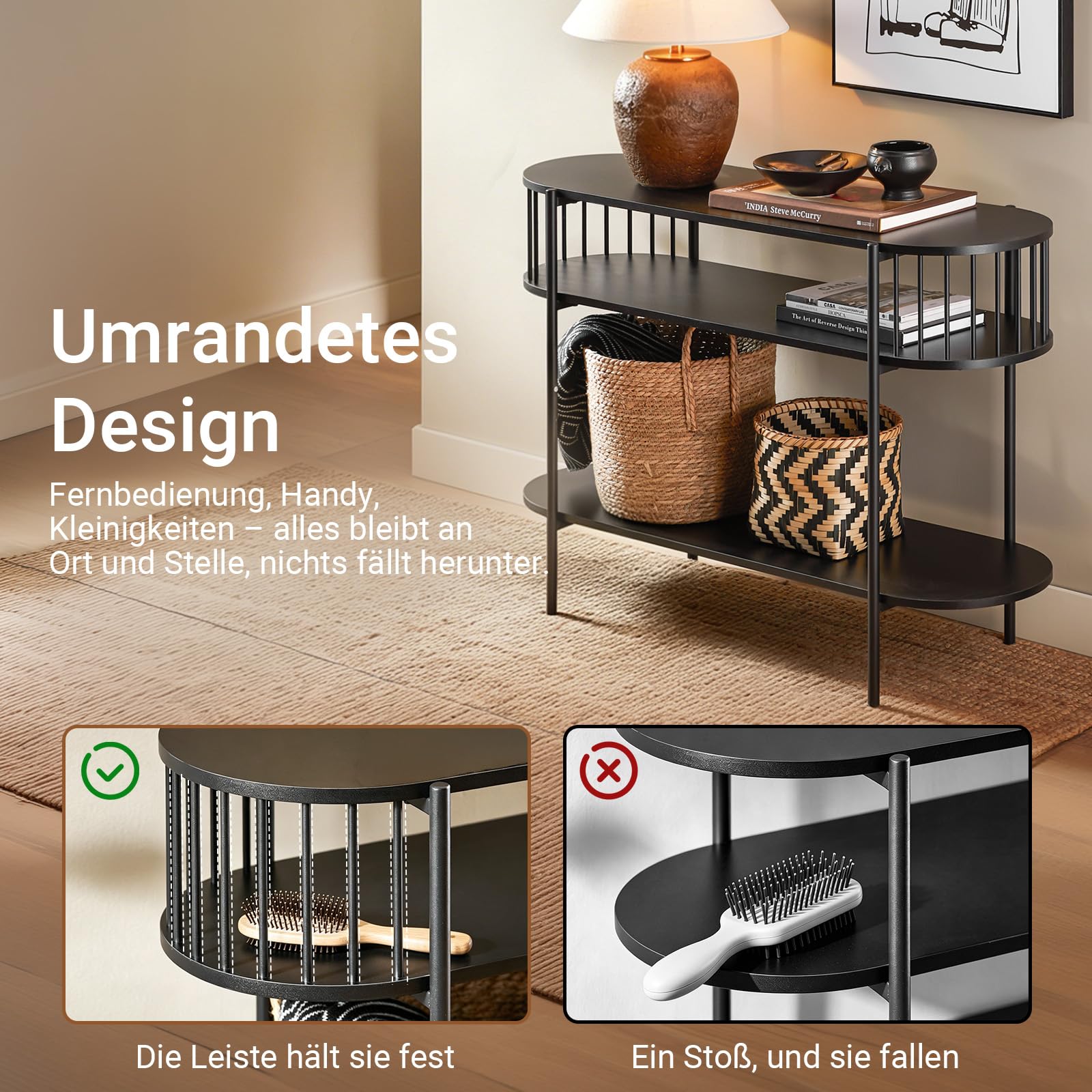 SoBuy Konsolentisch Metall mit 3 Ablagen, Konsole Holz im Modernen Schwarz für Flur, Wohnzimmer oder Esszimmer, Großer Stauraum für Familien, L110 x T39 x H76 cm, FSB90-SCH