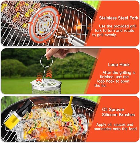 Miniatura 4 de Cesta de parrilla de 2 piezas, cesta para parrilla de barbacoa, canasta rodante para parrilla, accesorios de parrilla de malla de acero inoxidable,