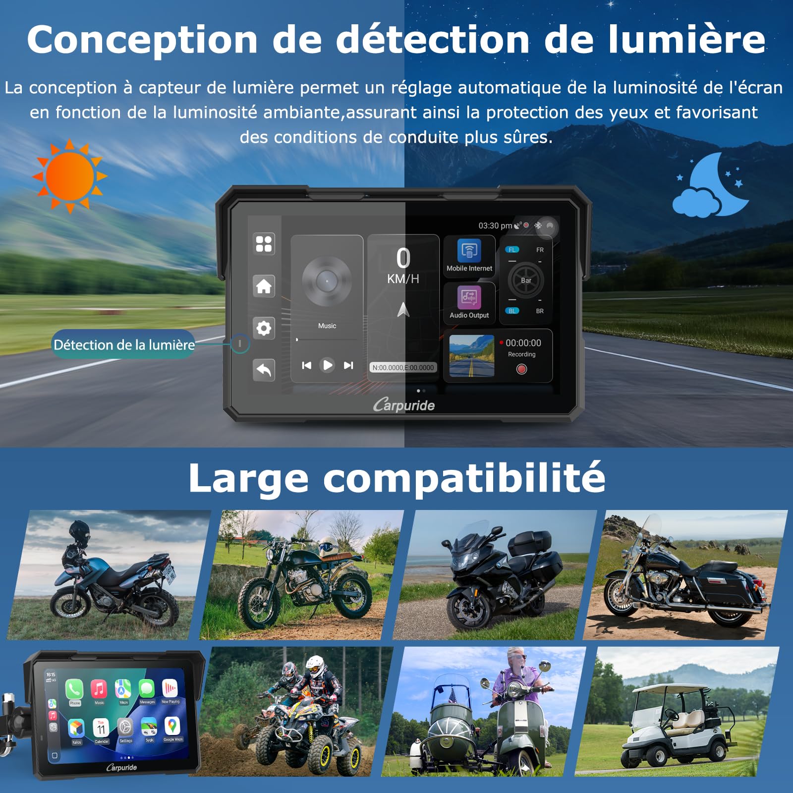 Carpuride W702 Plus Android Moto Carplay Écran Double Caméra Audio BT | Sans Fil CarPlay et Android Auto, écran Tactile étanche 7", Enregistrement en Boucle, Navigation en Ligne/Hors Ligne.