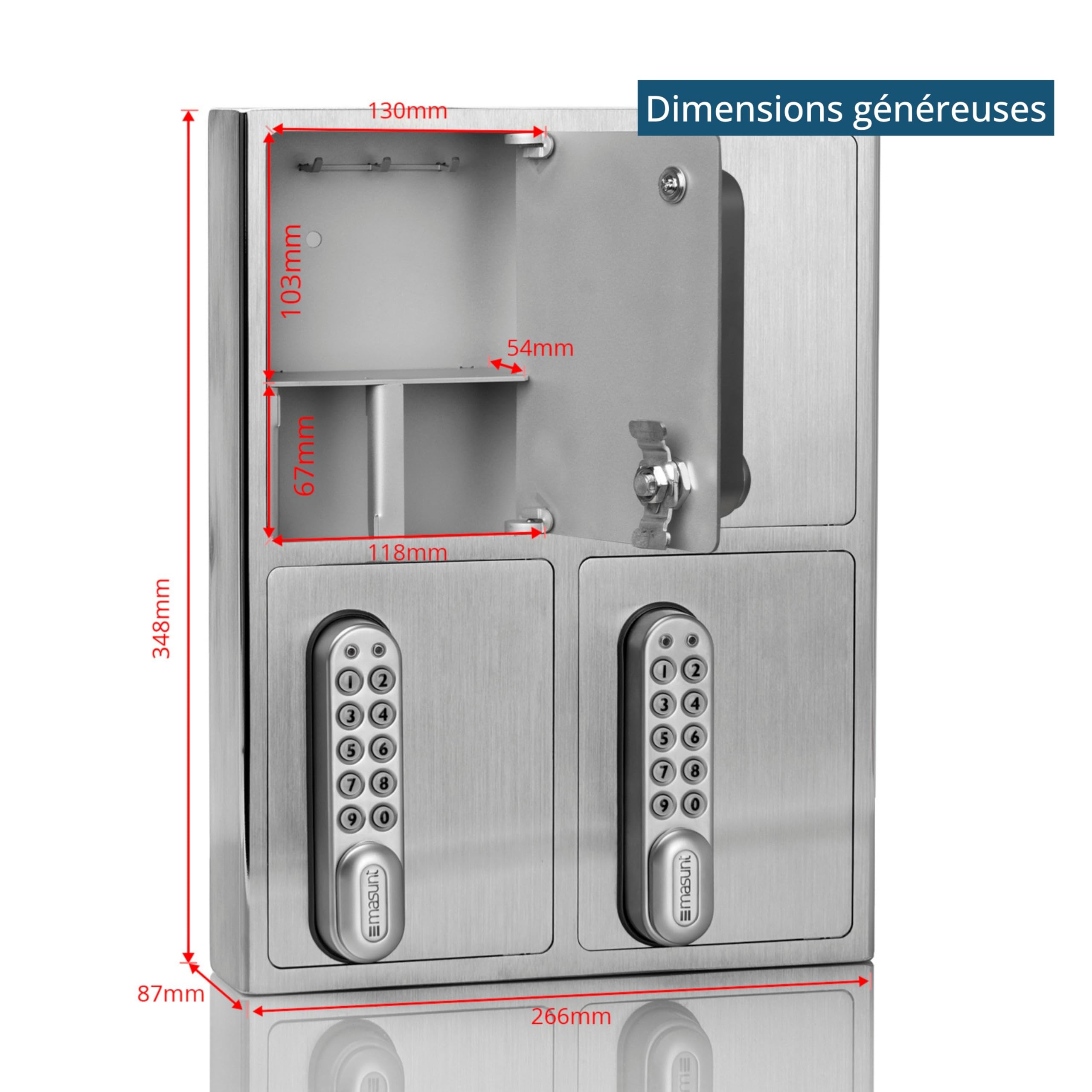 masunt coffre-fort à clés 1420 E Code | attribution innovante de code en ligne à distance | coffre-fort électronique en acier inoxydable V2A massif | 4 compartiments | anti-effraction