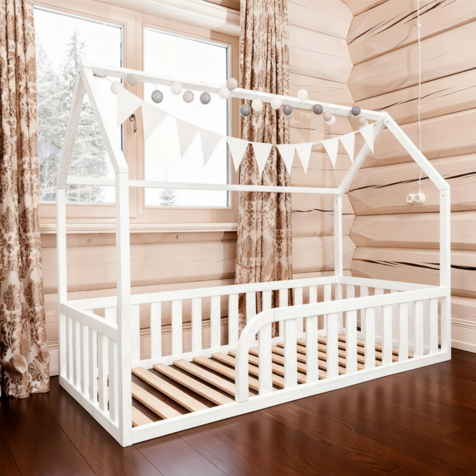 Bodenbett 90x160 für Kleinkinder, Montessori Hausbett aus FSC-Kiefernholz Weiß, Kinderbett mit Lattenrost und 41 cm Rausfallschutz, Einstieg Links