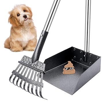 TNELTUEB Dog Pooper Scooper, Metal Pet Poop Tray and Rake with Long Stainless Handle Best Bin with Rake for Large Dog