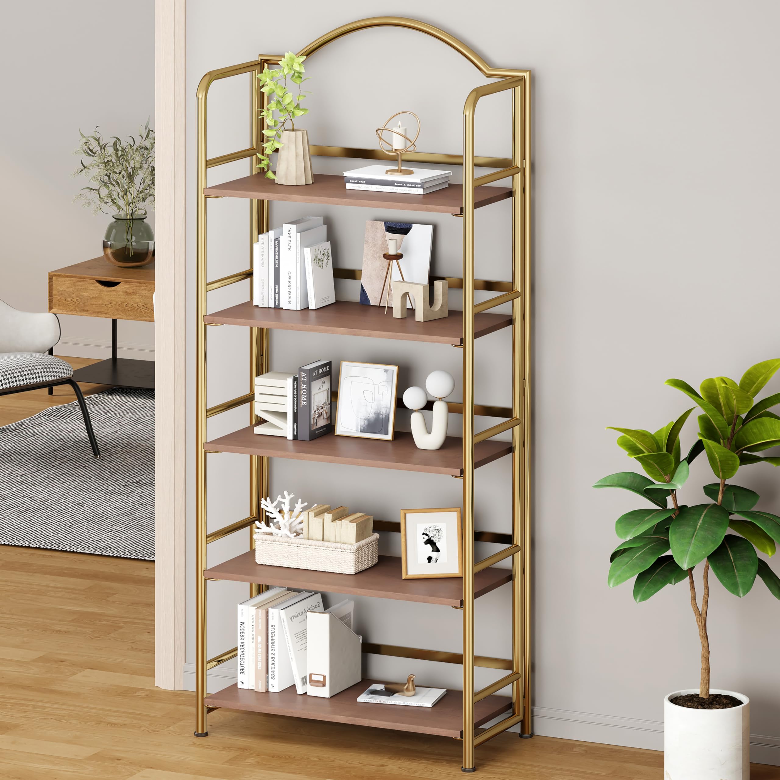 Condition photo showing New/Like New for no-assembly gold folding bookshelf storage shelves 5 tiers vintage multifunctional plant flower stand storage rack shelves bookcase for home office