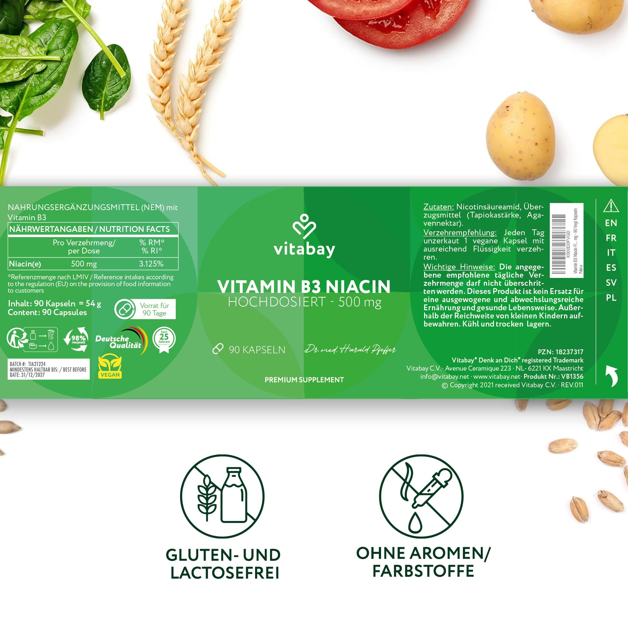 Vitabay Vitamin B3 Niacin 500 mg | 270 Vegane Flush Free Niacinamide Kapseln - Vitamin B3 Hochdosiert Niacinamide - Laborgeprüft & ohne unerwünschte Zusätze