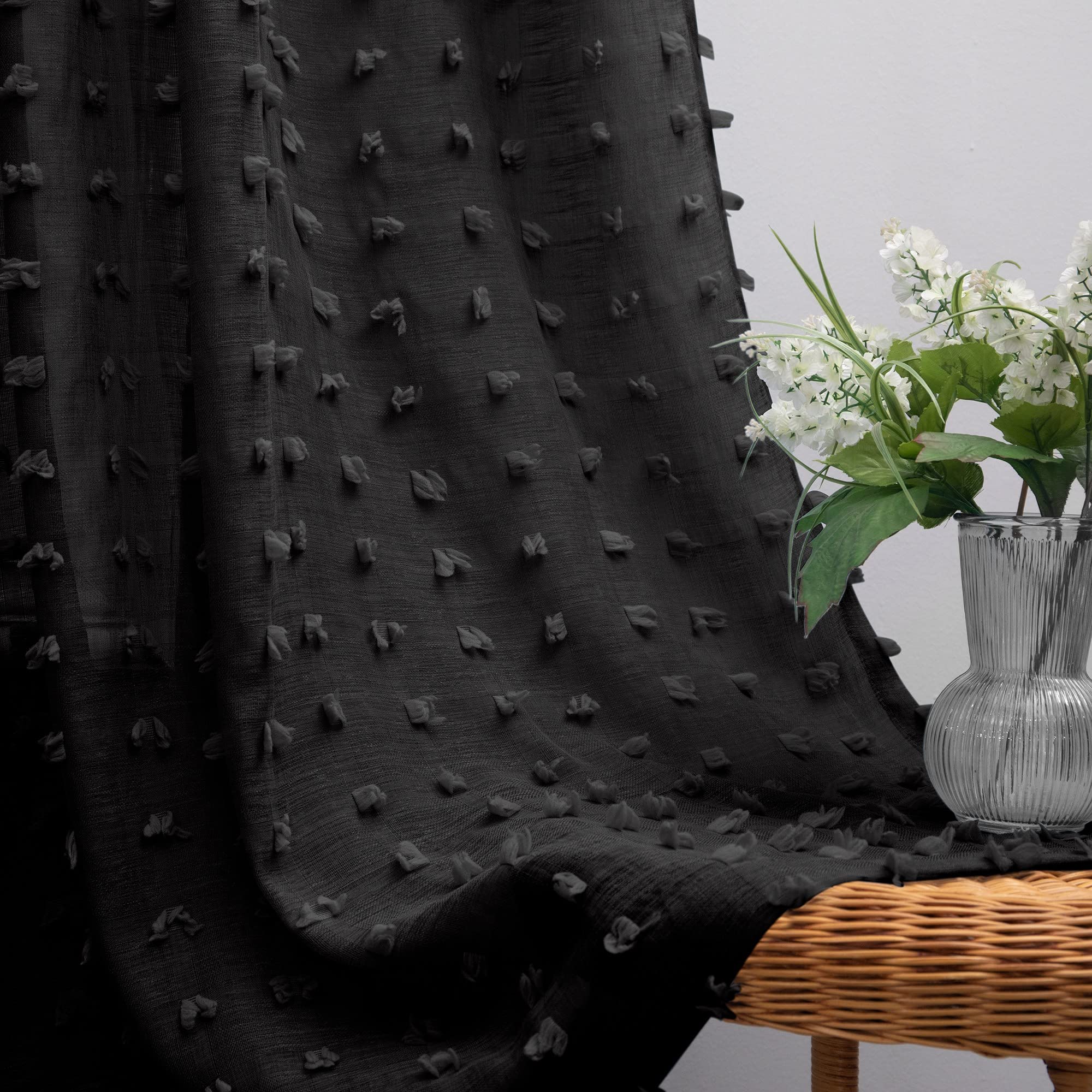 KOUFALL Black Curtains 45 Inch Length for Kitchen Window,Rod Pocket Pom Pom Textured Boho Lace Sheer Curtains for Bathroom Window โ image 1