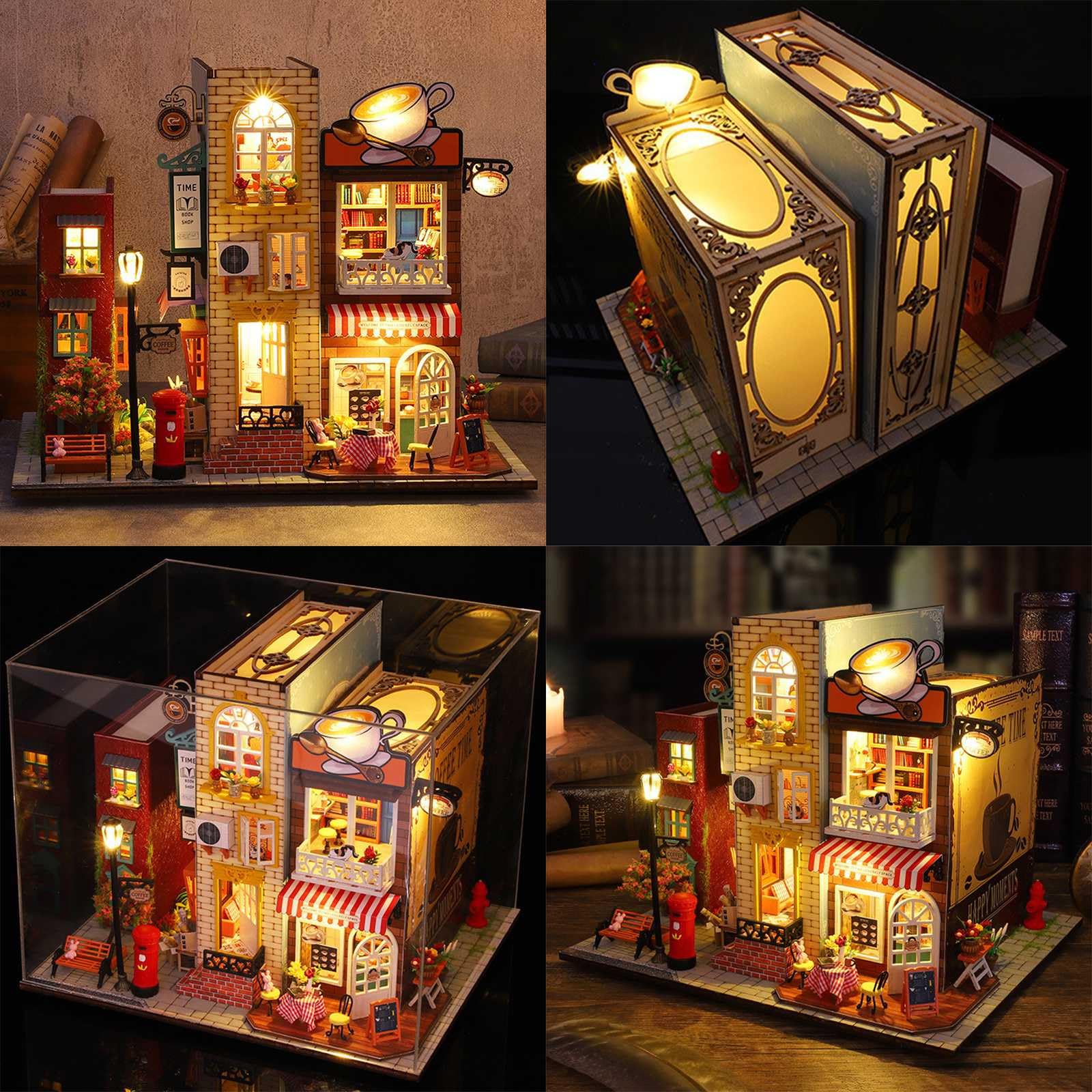 Model edukacyjny Miniaturowa biblioteka Zestaw do samodzielnego składania książek dla dorosłych, Drewniane puzzle 3D Bookend, Zestaw do budowania modeli domów z książkami Wstaw dekoracje ze światłem,