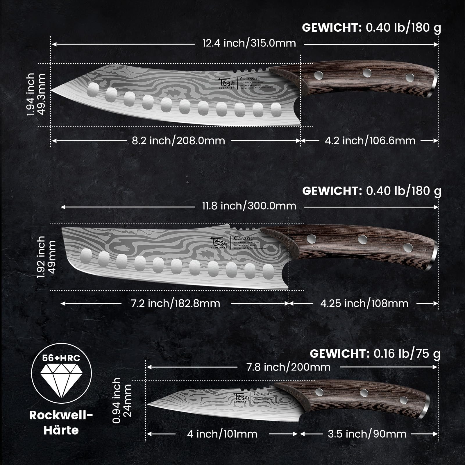 Küchenmesser Set, 3-teiliges japanisches Kochmesser Set (20,8 cm Kiritsuke, 18,3 cm Nakiri, 10,2 cm Schälmesser) für präzises Schneiden, Damastmuster, ergonomischer Holzgriff mit durchgehendem Erl
