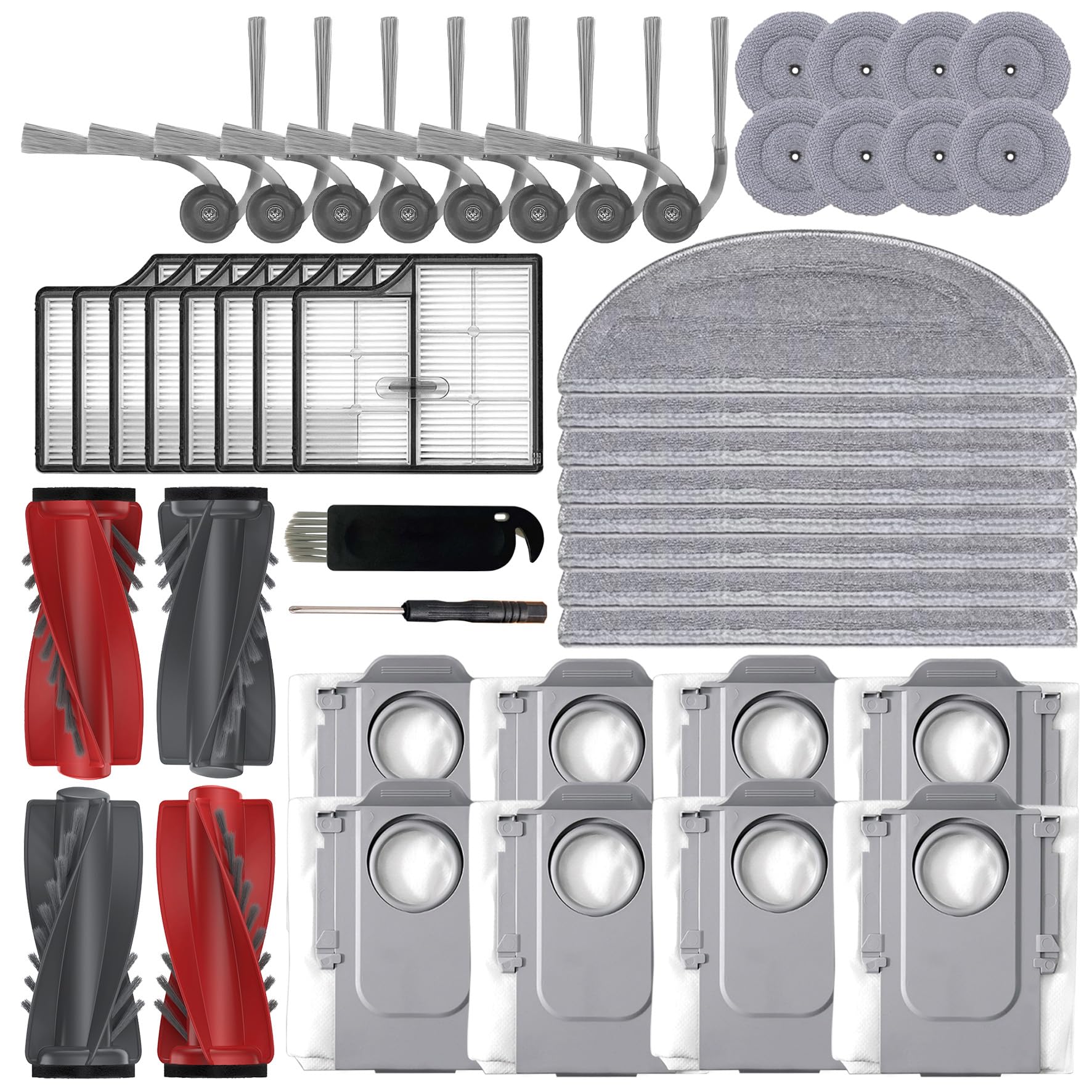 Replacement Accessories Kit Compatible with Roborock Saros 10 Robot Vacuum, Include 2 Dual Main Brushes + 8 Side Brushes + 8 HEPA Filters + 8 Mop Clothes + 8 Dust Bags