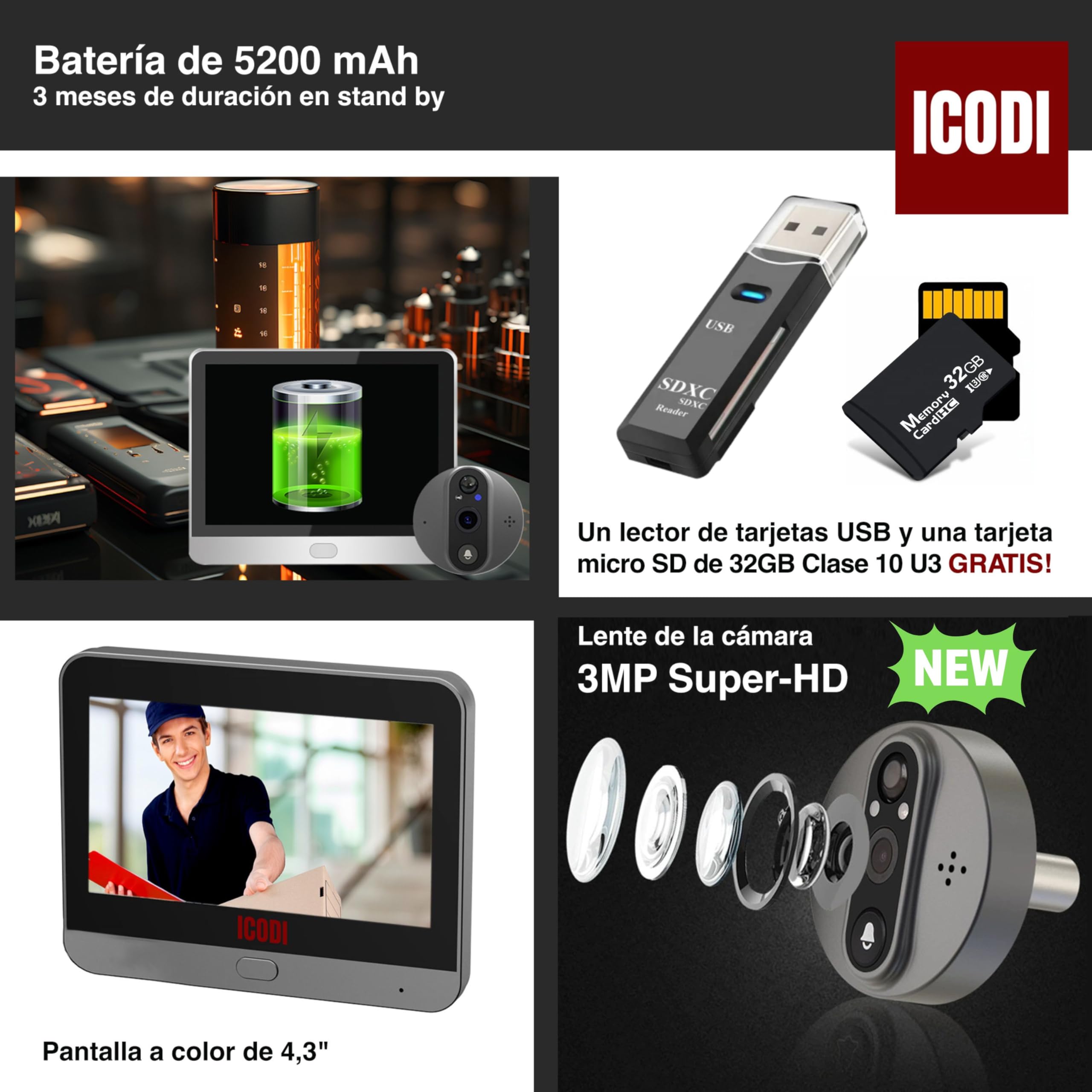 ICODI Mirilla Digital Puerta WiFi Grabadora, Pack Premium 3MP Super-HD, Pantalla 4.3", 5200 mAh, Sin Suscripción ni Cuotas, con MicroSD de 32GB, Alexa/Google Home, hasta 4 Dispositivos, App TuyaSmart