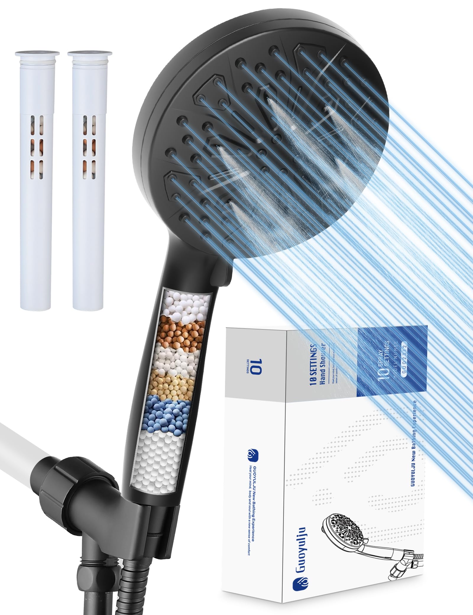Filtered Shower Head With Handheld,Guoyulju Shower Heads With Handheld Spray Combo,10 Spray Modes, Bathroom High Pressure Water Softener Filter And Beads,Remove Chlorine And Harmful Substance,Black