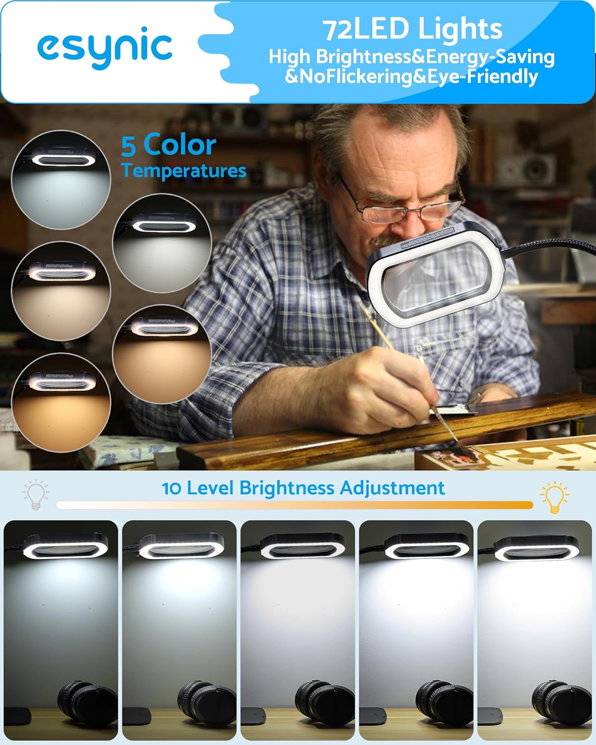 Image showing different brightness levels and color temperatures of the LED lights.