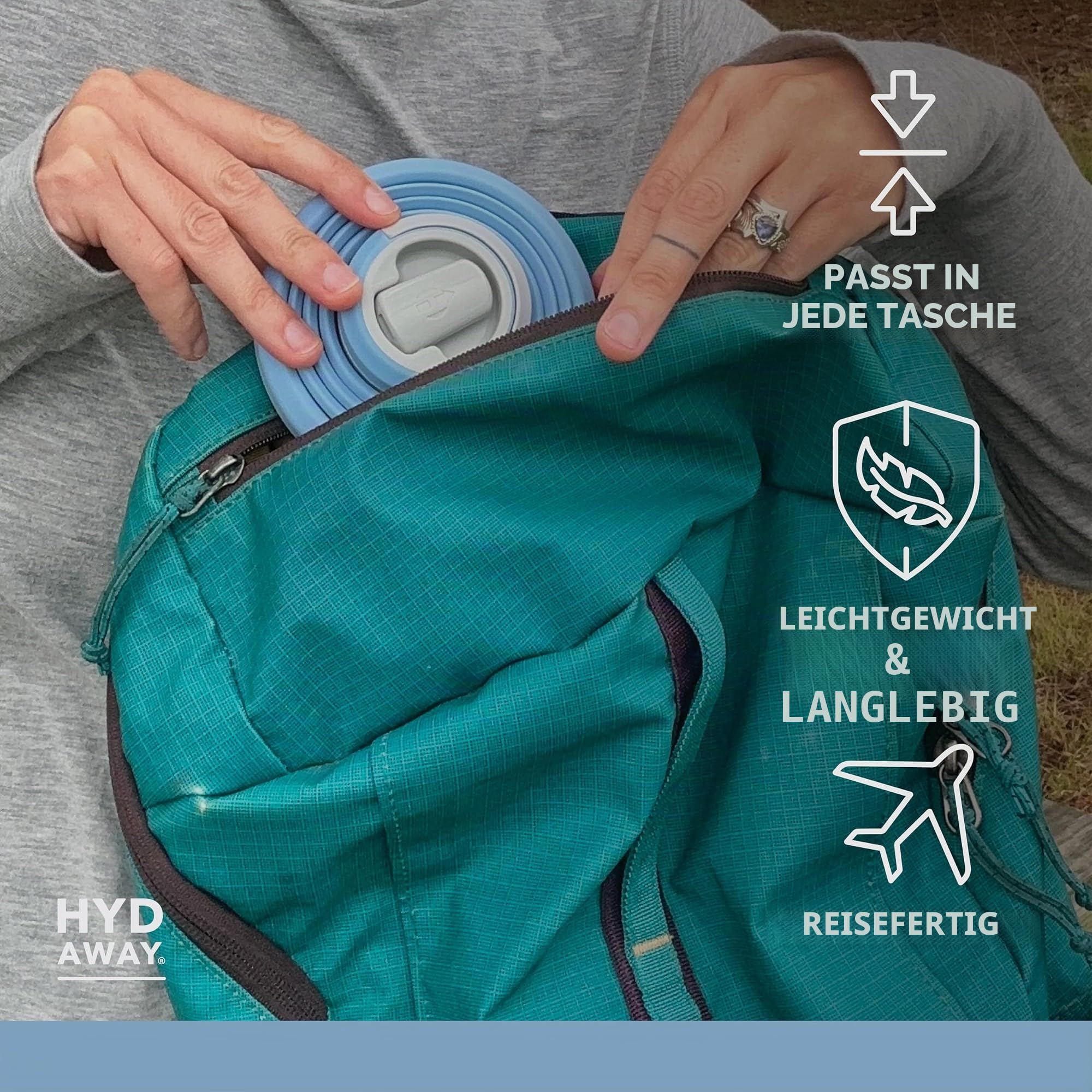 HYDAWAY | zusammenklappbare Wasserflasche mit Auslaufdeckel| ultra-packbar und reisefreundlich | aus lebensmittelechtem Silikon | 750 ml | Design mit großer Kapazität. Flach zusammenklappbar für Handgepäck, Tagesrucksäcke, Wanderrucksäcke. Auslaufsicher,