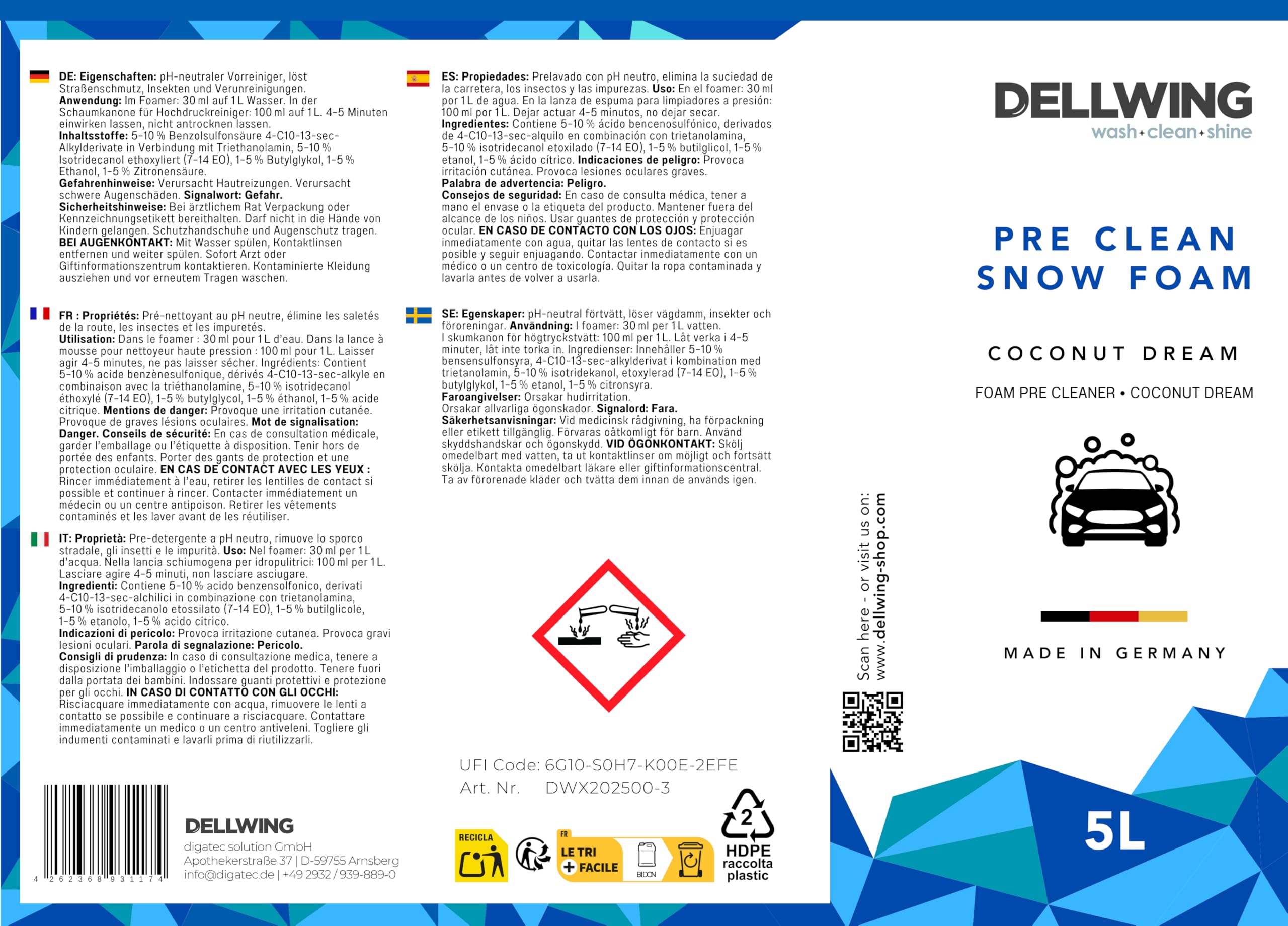 Dellwing Pre Clean Snow Foam Konzentrat 5 l, CoconutDeam-Geruch, Auto Vorwäsche Shampoo ph-neutral, Schaumreiniger für Autowäsche und Autopflege außen, Made in Germany | Auto Vorwäsche Shampoo pH neutral, Schaumreiniger für Autowäsche und Autopflege außen