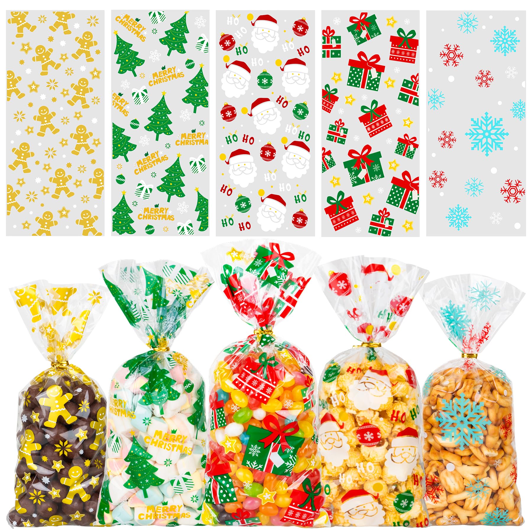 Riceduo Christmas Cellophane Treat Bags, 100 Pieces Clear Cello Gift Bags With Twist Ties for Xmas Candy Goodies, Kids Party Favors Supplies