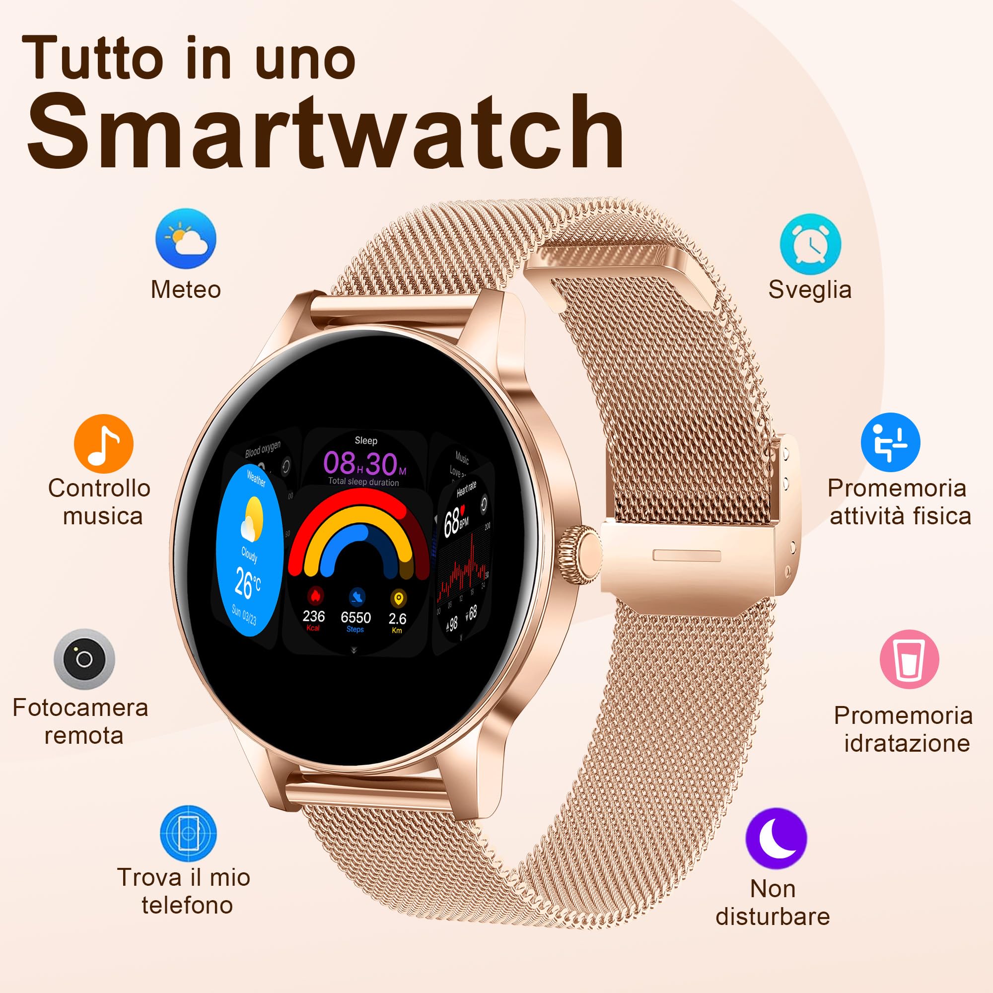 Smartwatch Donna con Chiamata Bluetooth, 1,27" HD 3 Cinturini | Orologio Fitness con Frequenza, Cardiaca, SpO2, Sonno, 100+ Sportive, Impermeabil IP68 per Android iOS Rosegold