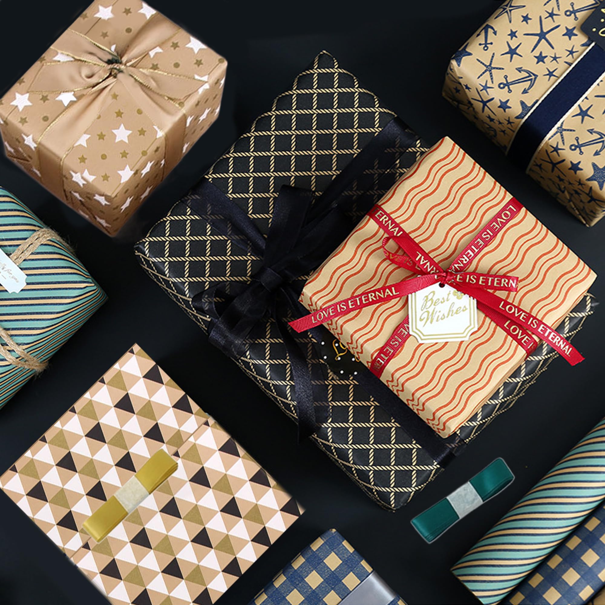 Dantolo 8 Piezas Rollo Papel Kraft Decorado, 50x70cm Papel Para Envolver Regalos, Papel Regalo Kraft con cuerda de cáñamo para Cumpleaños, Navidad, Bodas