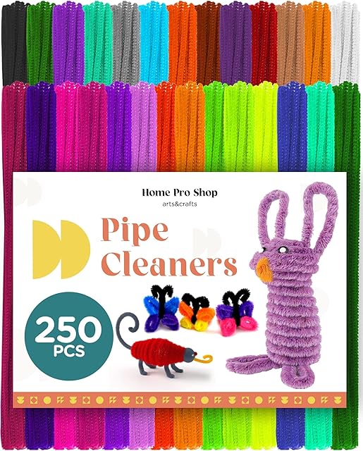 Home Pro Shop 250pcs Pipe Cleaners for Crafts Kids - 30 Colours Soft Bristle, Flexible Craft Pipe Cleaners - Pipe Cleaner DIY Cure Pipe Art Decorations - 6mm x 12inch Chenille Stems