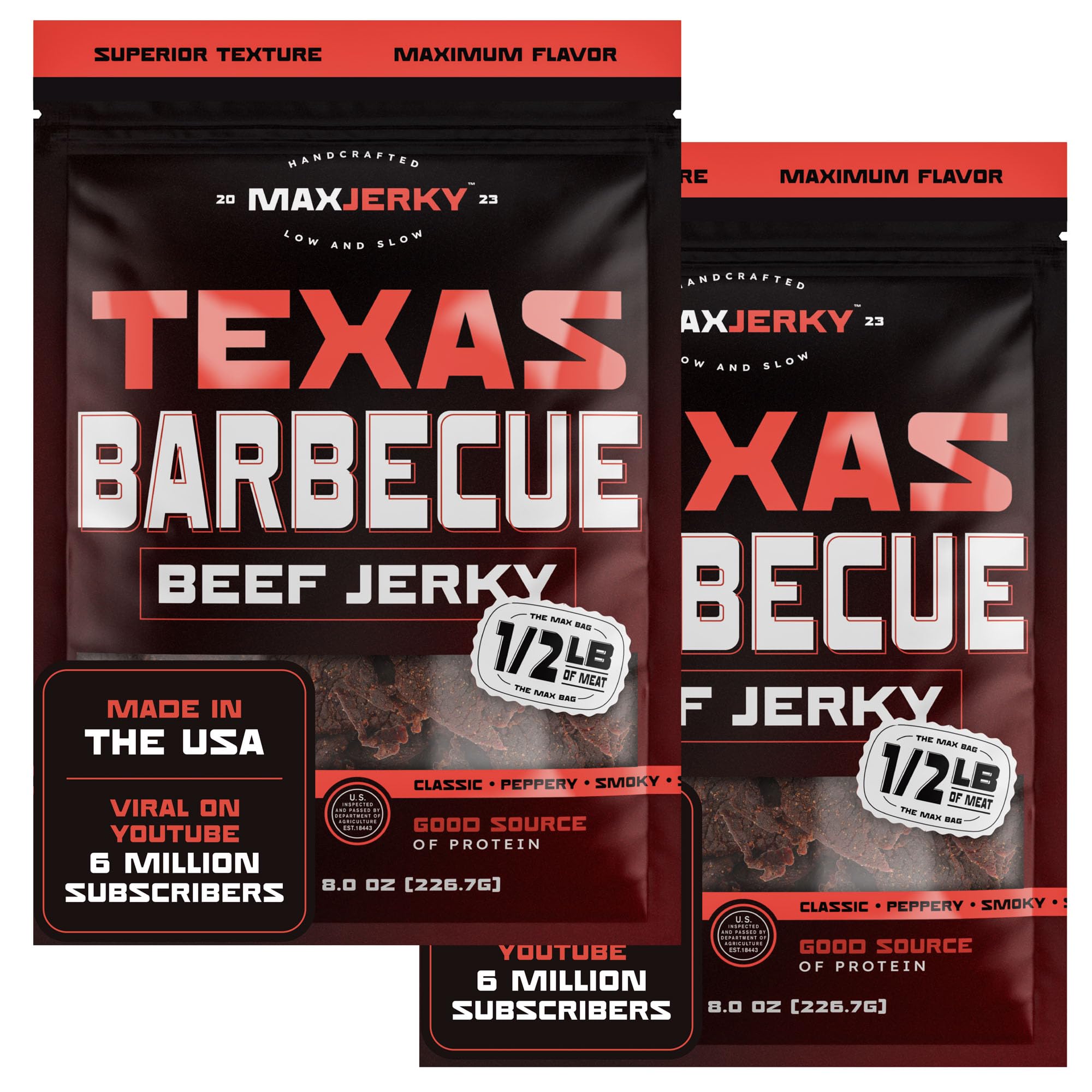 MaxJerky Texas Barbecue Beef Jerky, Smoked Pepper Flavored Jerky, 88 Grams of Protein, 8 OZ (2 Pack)