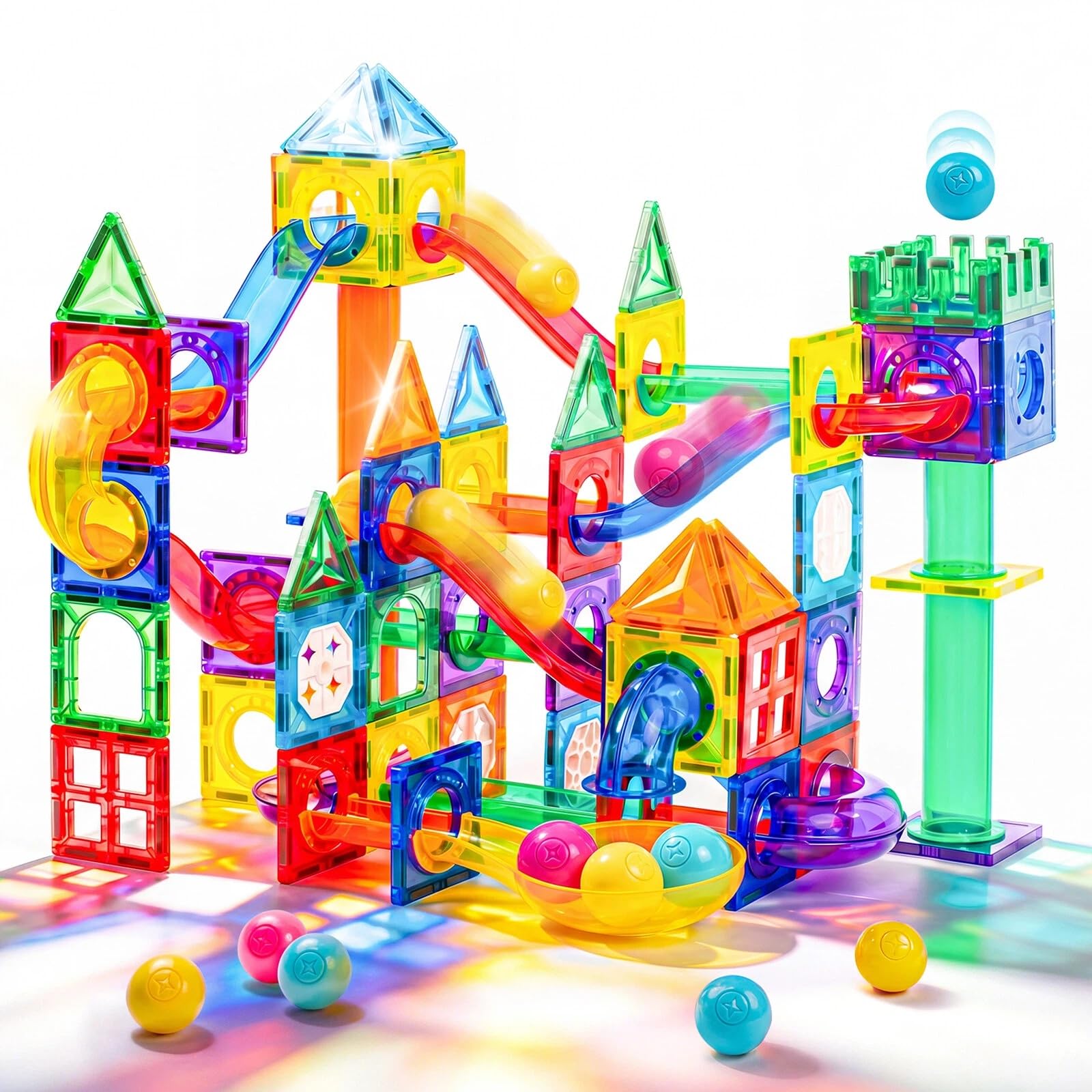 Magnetische Kugelbahn Erweiterungsset Regenbogen 125 Teile | 7,5 cm Standardgröße, 100% kompatibel mit gängigen Magnetbausteinen, Murmelbahnen für mehr Bauideen & Spielspaß