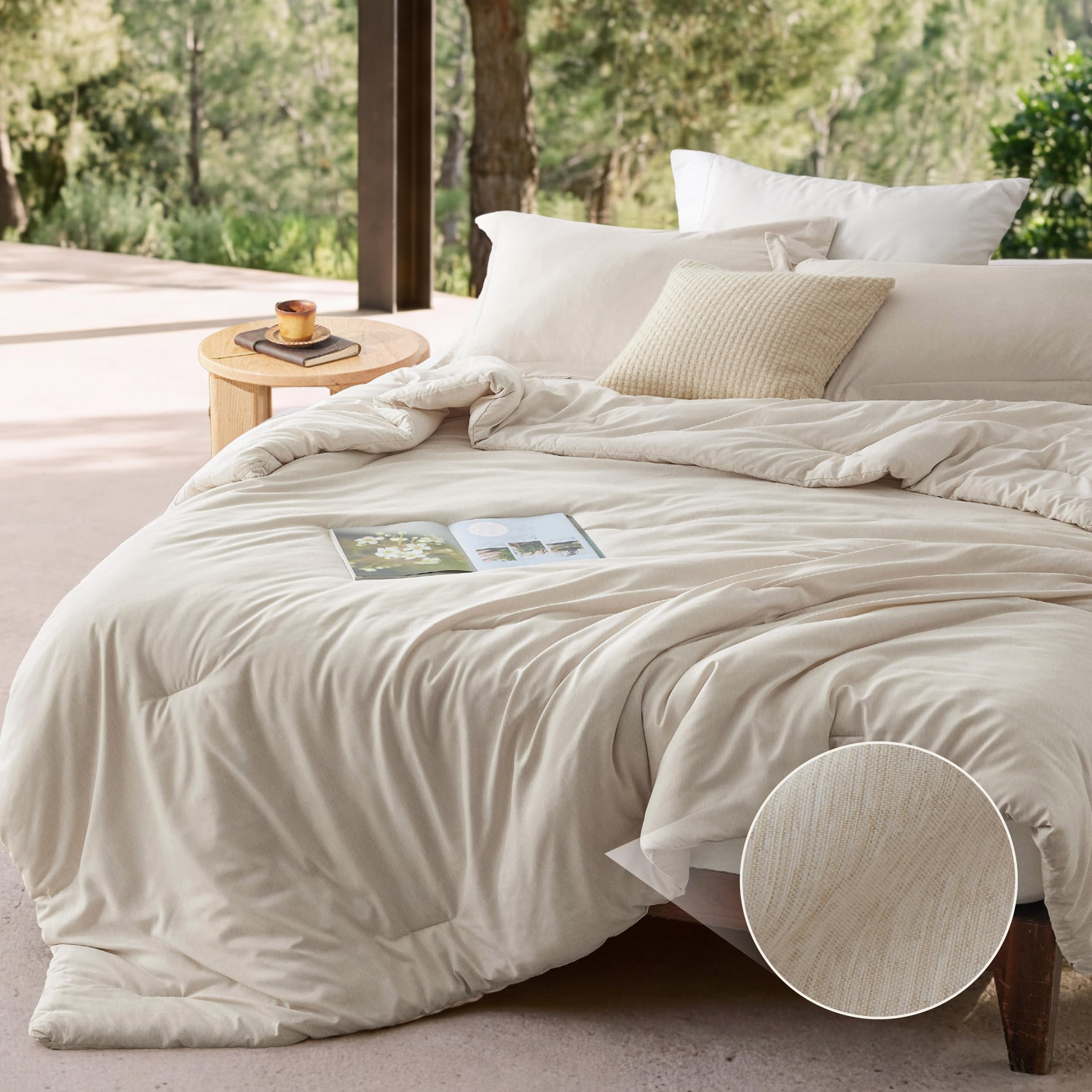 bedsure queen comforter set - beige soft bedding for all seasons, cationic dyed bed set, 3 pieces, 1 queen size comforter (90"x90") and 2 pillow shams (20"x26"+2")