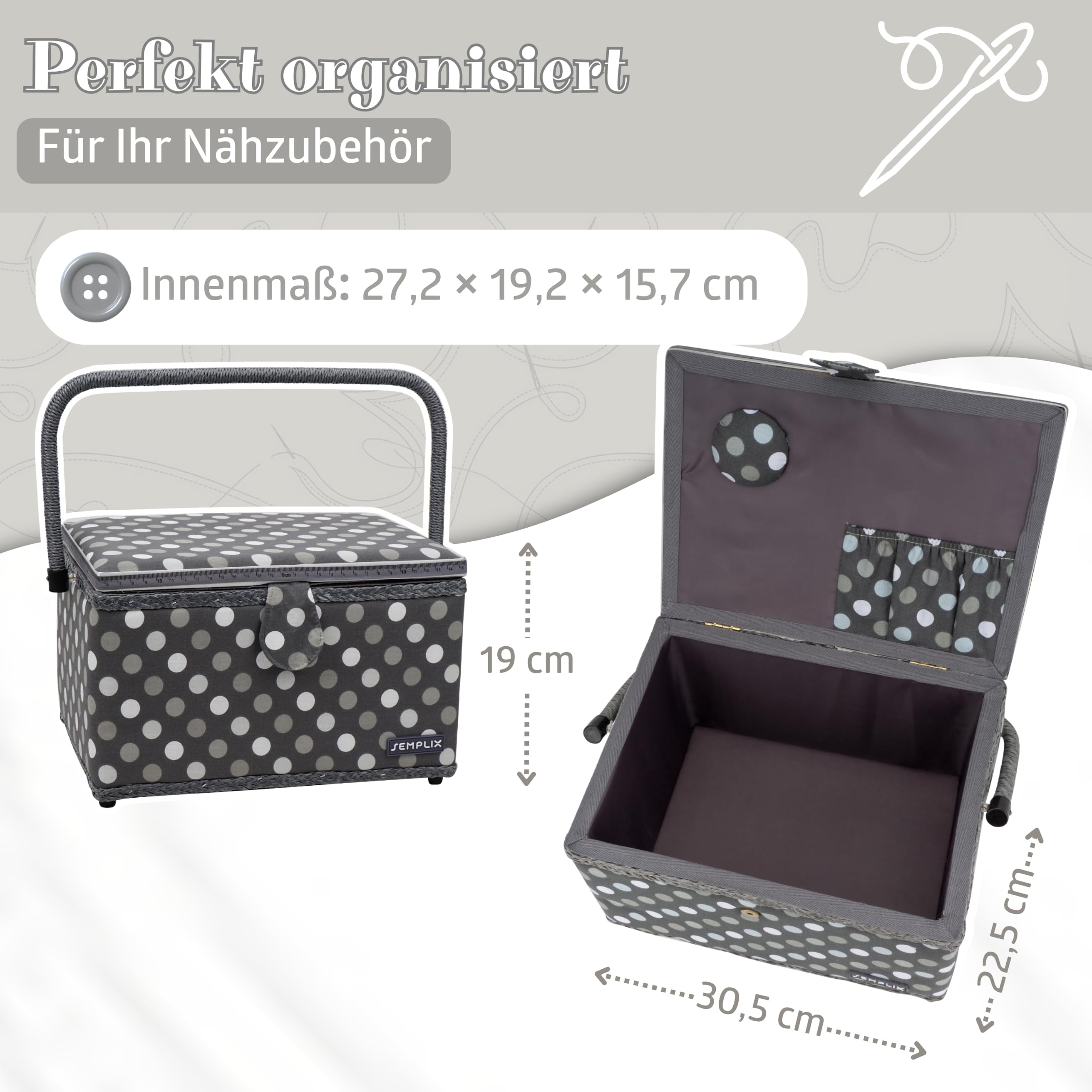 SEMPLIX Nähkorb Größe L, Polka Dots Anthrazit/Grau (30,5x22,5x19cm), Nähkästchen im frechen Punktedesign, Naehkasten in 5 trendigen Farben