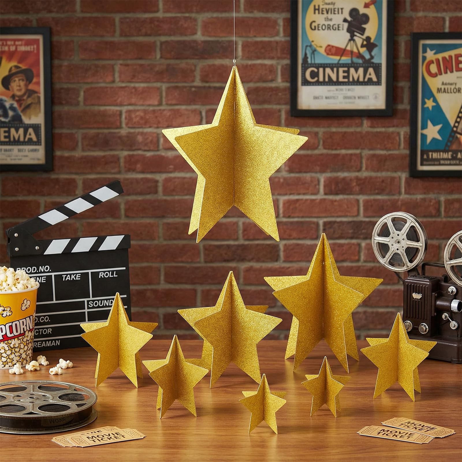 70 szt., brokatowe dekoracje 3D, gwiazda, centralne elementy na wieczór filmowy, dekoracje imprezowe, 3 rozmiary, stojące, wiszące ukończenie szkoły, dekoracja stołu, na imprezę tematyczną z motywem