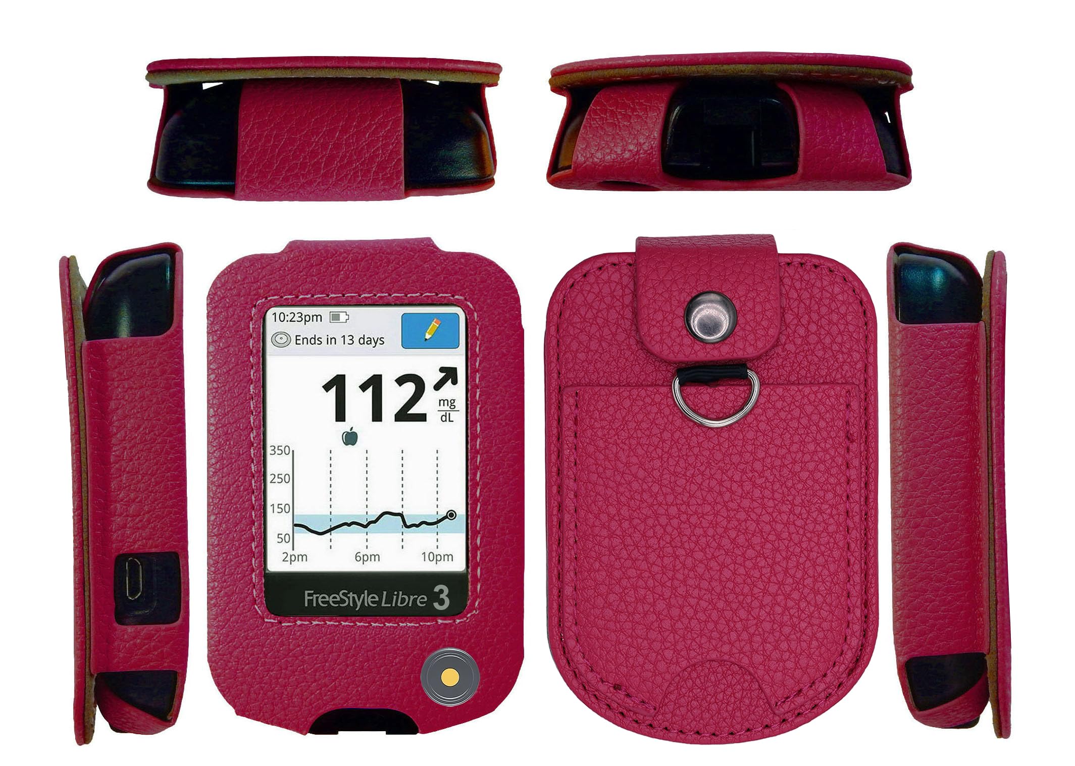 Fitted Leather Case W/Screen Protector & Pocket (Lanyard Included) for Freestyle Libre 3, Freestyle Libre 2 (Hot Pink)