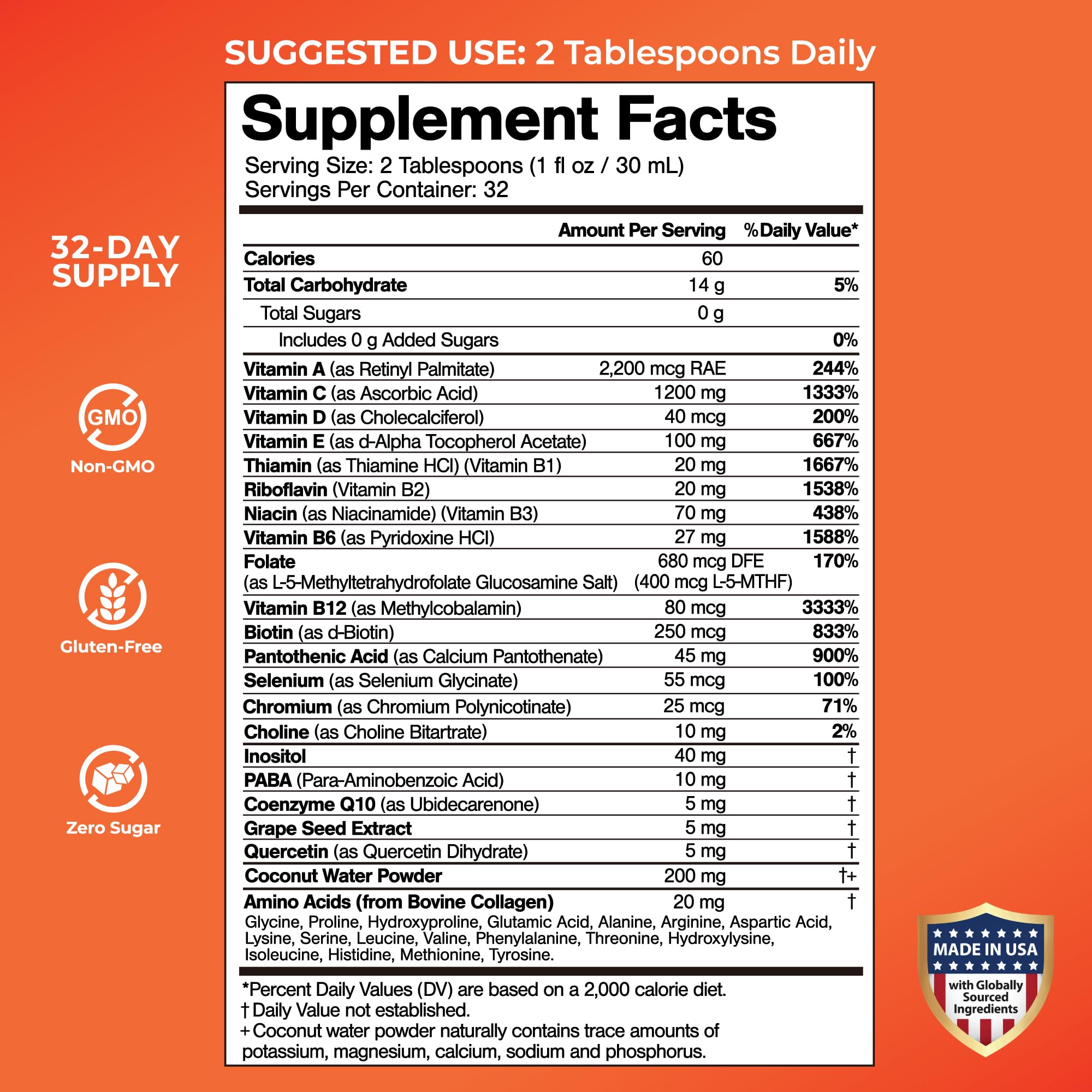 Mega Premium Liquid Multivitamin | Natural Immune Support Vitamin w/ 1333% Vitamin C, 200% D3, Zinc + 20 Vitamins, 70 Minerals, & 21 Amino Acids | Sugar Free | Orange Flavor | 98% Absorption | 32 Serv — Amazon image 2