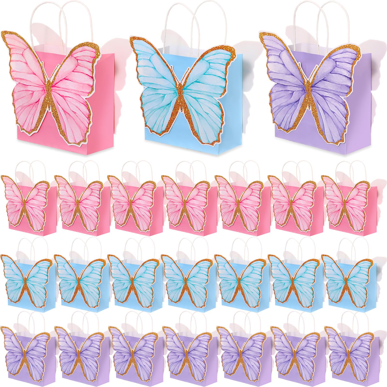 MotiMind 36 Pcs Butterfly Party Favor Bags with Handles Pink Purple Blue Butterfly Goodie Gift Paper Treat Candy Bags for Birthday Party Bridal