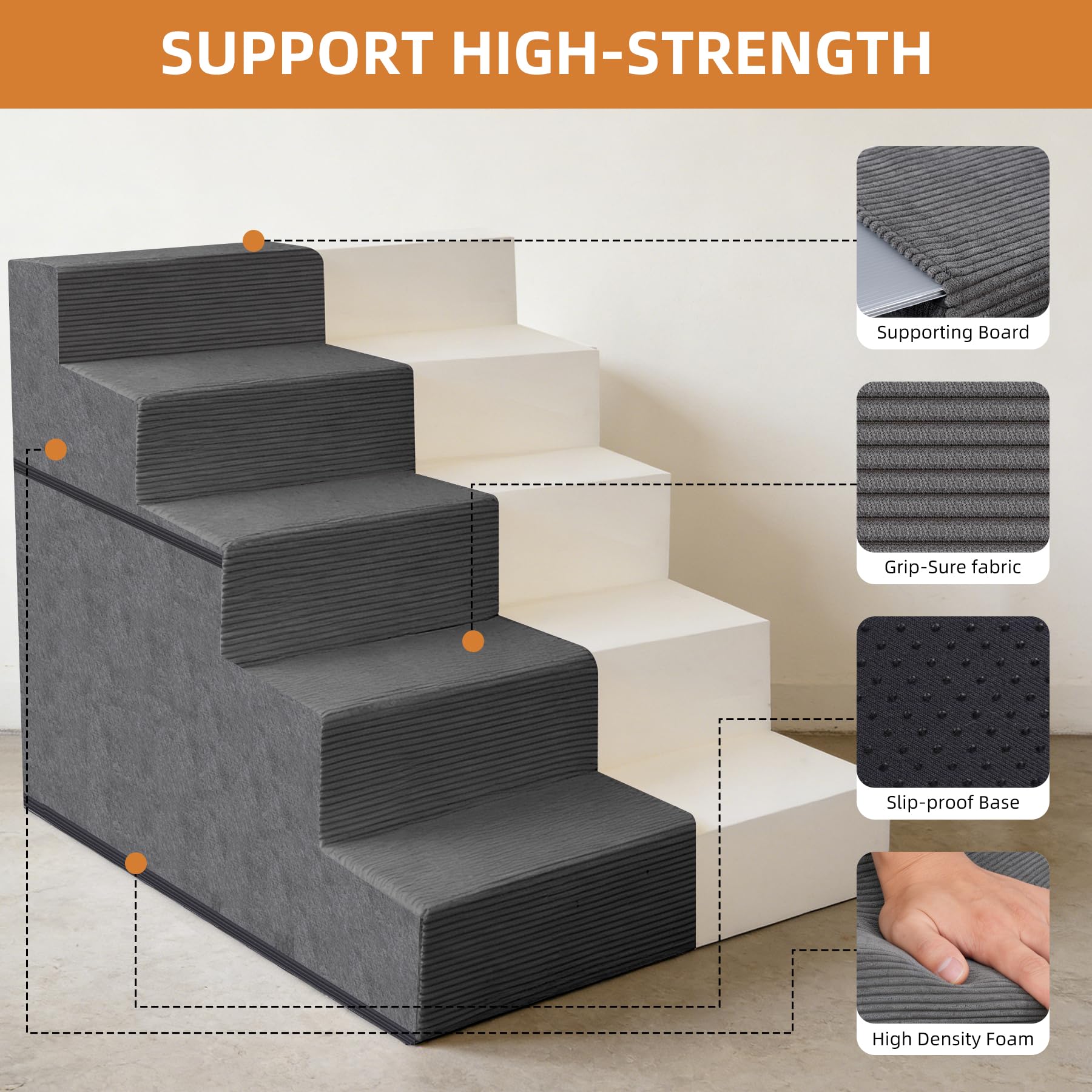 Escalera para perros pequeños 57 cm H, 5 escalones para mascotas de cama alta, entrada equilibrada antideslizante para mascotas para gatos medianos, escalera para perros interiores, color gris
