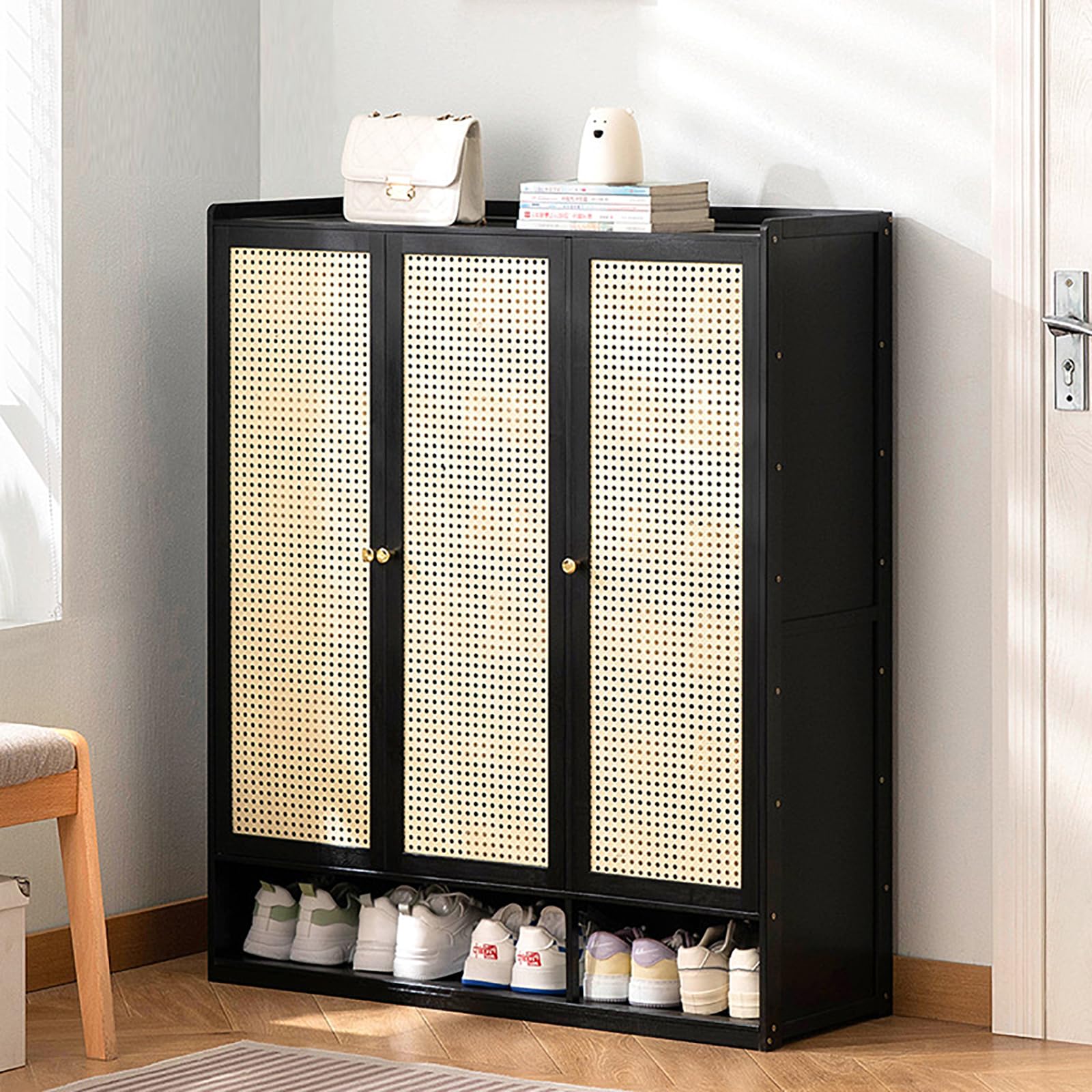 LMYSXAOZ Black Bamboo Shoe Storage Cabinet - 8-Tier Freestanding Wooden Rack for Entryway, Hallway & Closet Stylish Rattan Organizer with Doors