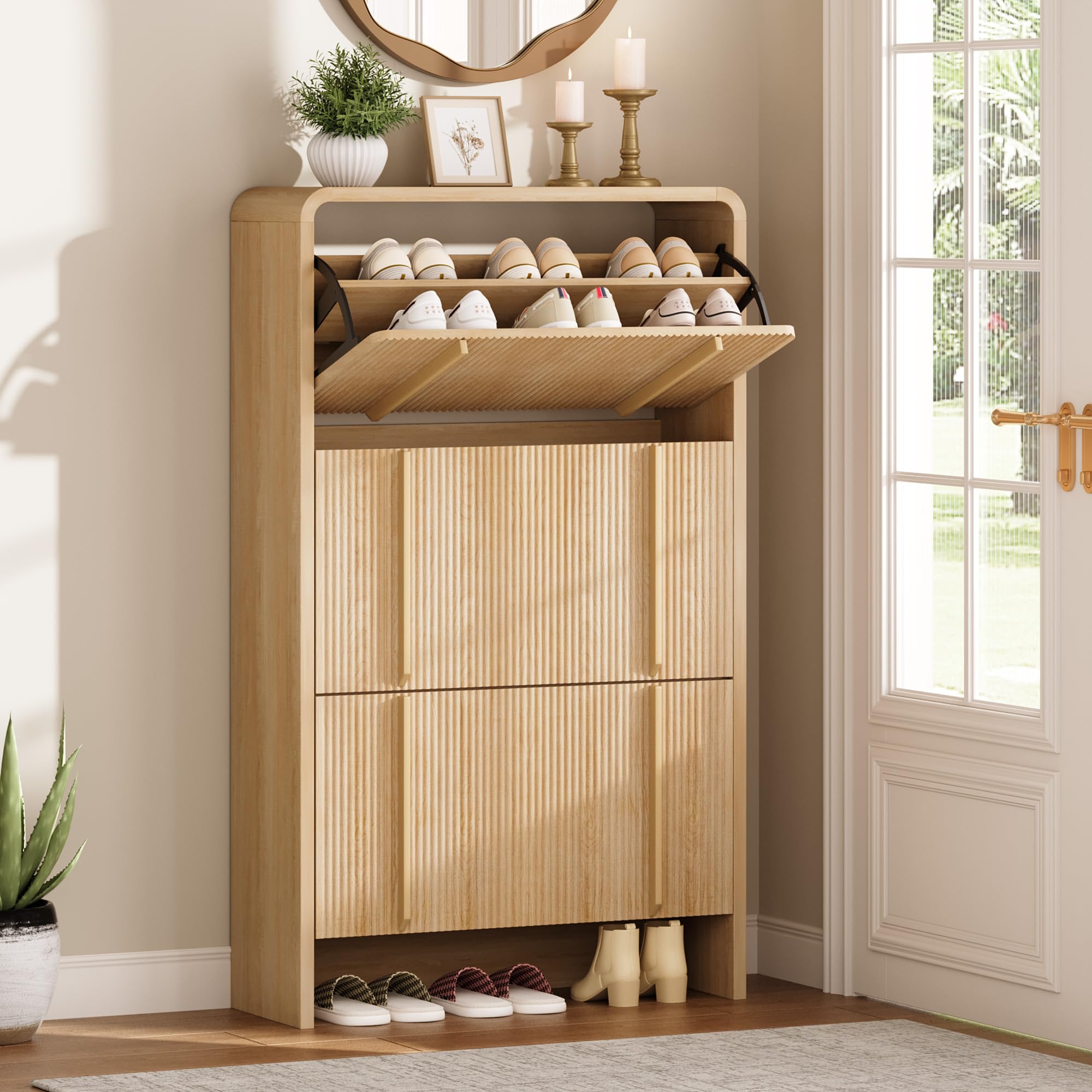 LUXOAK 120 cm Schuhschrank, 3 Klappen, verstellbare Fächer, Sonoma-Eiche | 18-21 Paar Schuhe, Fluted-Oberfläche, Kippsicherung, 25 cm Slim-Design, Schnelle Montage