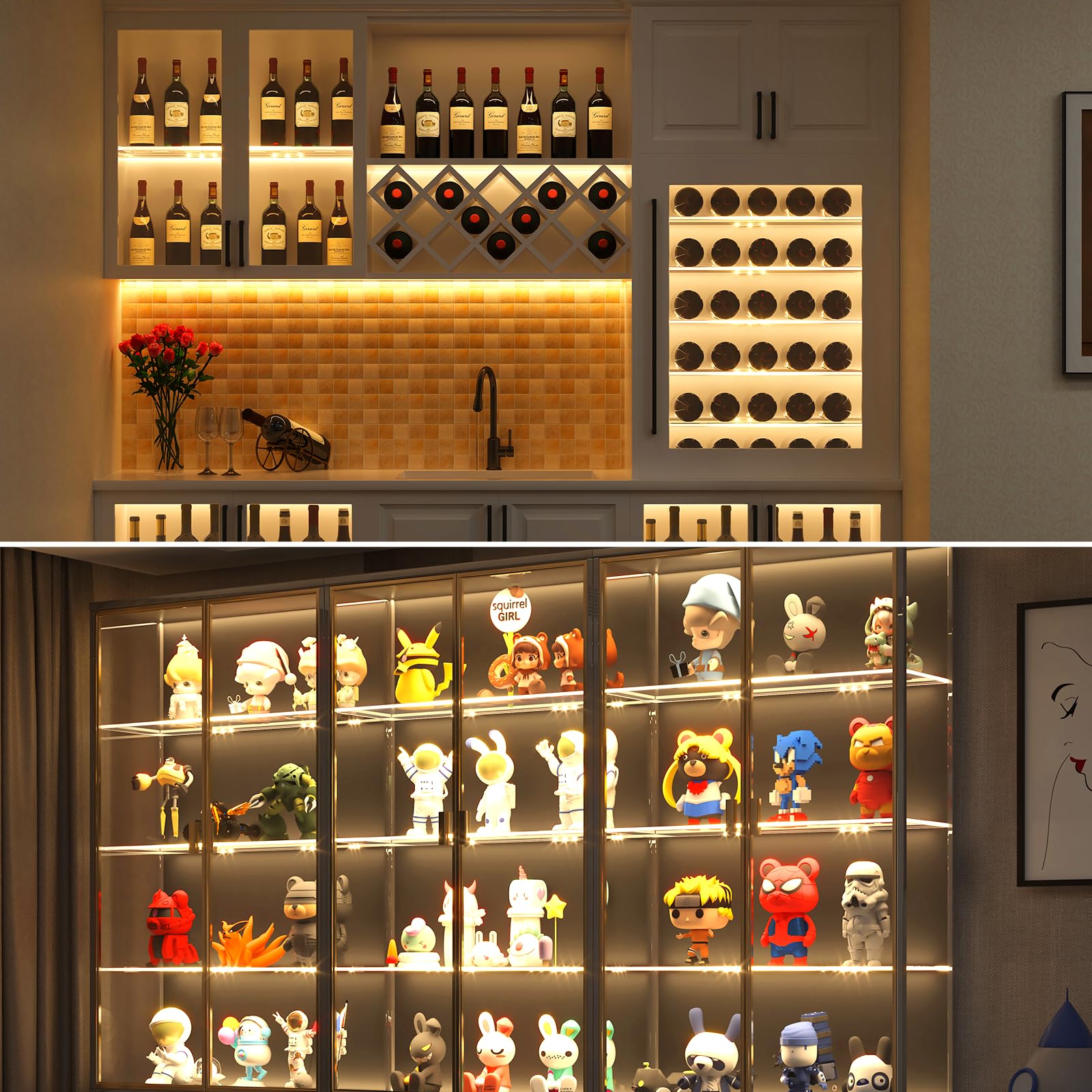 Glaskantenbeleuchtung LED Vitrinenbeleuchtung LED mit Fußschalter und RF-Fernbedienung,Clips Warmweiß Glaskantenbeleuchtung Dimmbar für Glasvitrine, Vitrinen, Regale, Tisch, Displays 8er Set