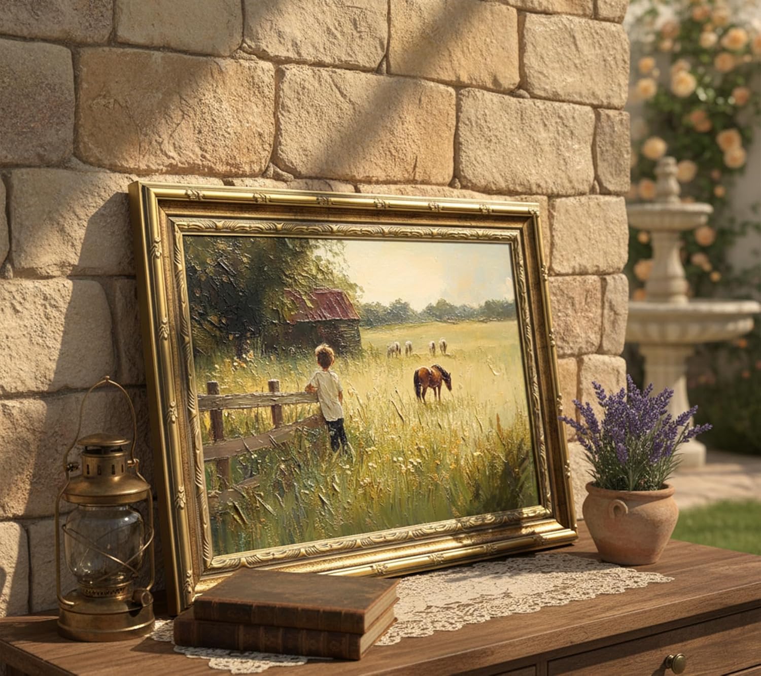Gold Frame Vintage Country Canvas Wall Art, 3D Textures Boy and Horses Painting Picture Wall Decor, Retro Farmhouse Landscape Poster Print Artwork for Children Room, Kitchen, Home Decoration 12x16in