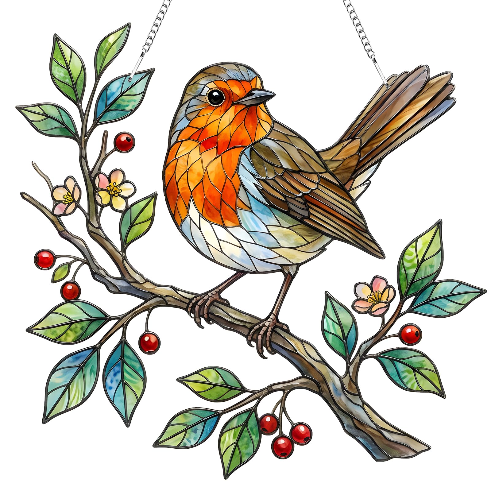 Robin Sun Catchers for Windows, Birds Suncatchers for Windows, Stained Glass Window Hanging, Acrylic Garden Wall Art Outdoor, 2D Flat Hanging Garden Ornament Suncatchers