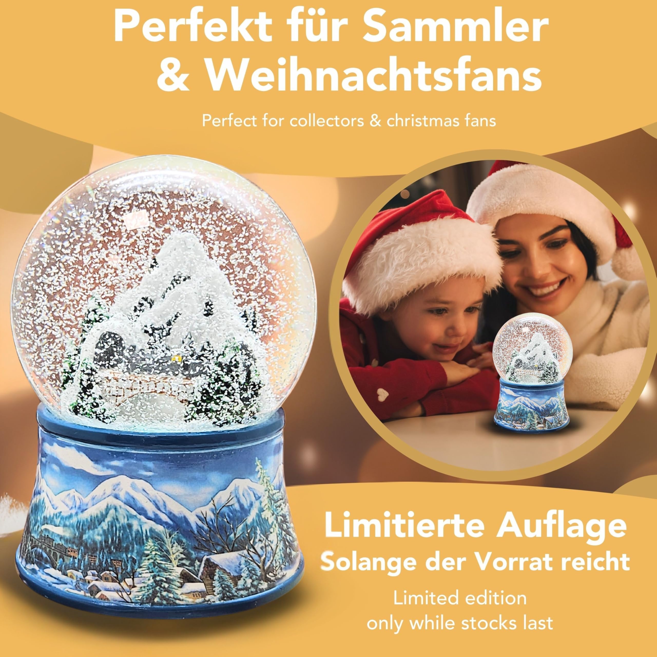 Weihnachts-Schneekugel mit Musik | Schneekugel Nostalgische Berglandschaft mit Brücke | Sockel Winterlandschaft hellblau | 100mm breit, 140mm hoch | mechanische Spieluhr | Winterdekoration | 20256